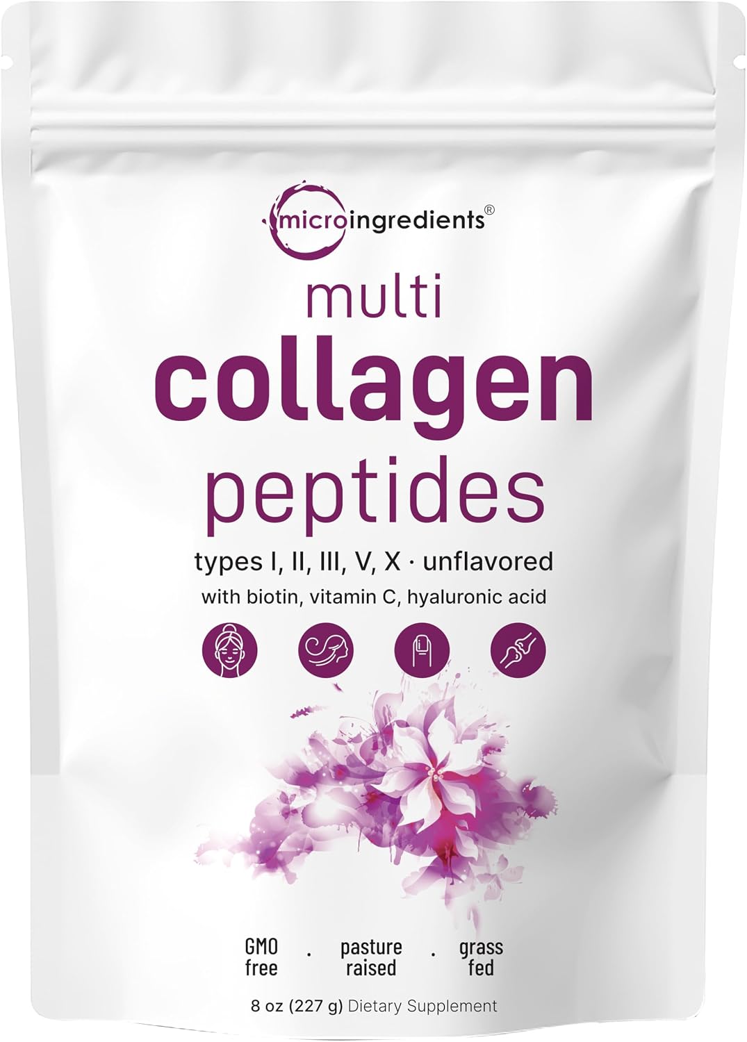 Micro Ingredients Multi Collagen Peptides Powder, 2lb (82 Servings) | Hydrolyzed Type I, II, III, V, X with Biotin, Hyaluronic Acid & Vitamin C. Unflavored Collagen for Women & Men, Easy Dissolve