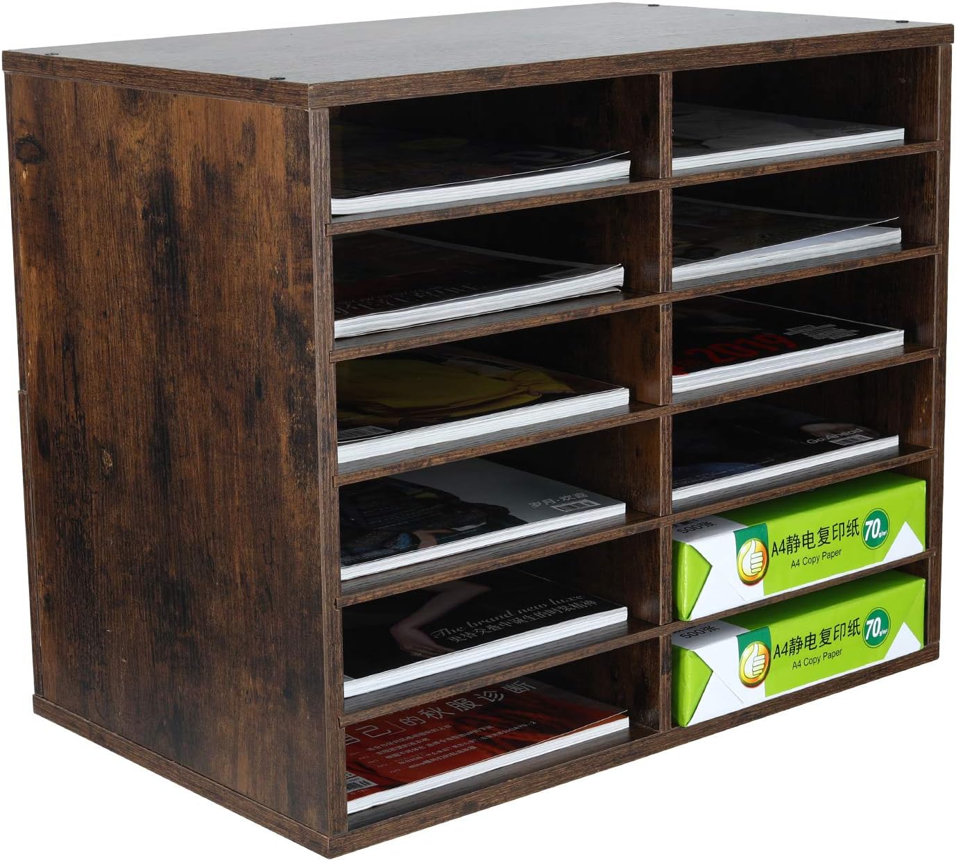 EasyPAG 12 Compartments Wooden Literature Organizer with Adjustable Shelves, 6000 Sheets Capacity Paper Organizer