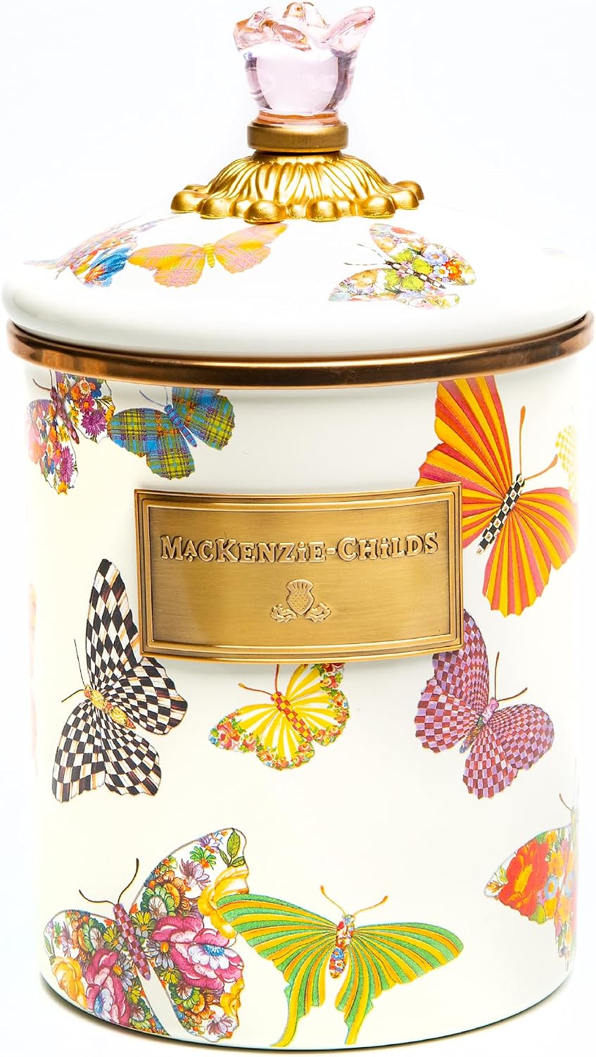 MACKENZIE-CHILDS Enamel Canister, Medium, White Butterfly Garden | Hand-applied design, made from enameled steel, versatile kitchen storage container for flour and sugar, 48-ounce capacity