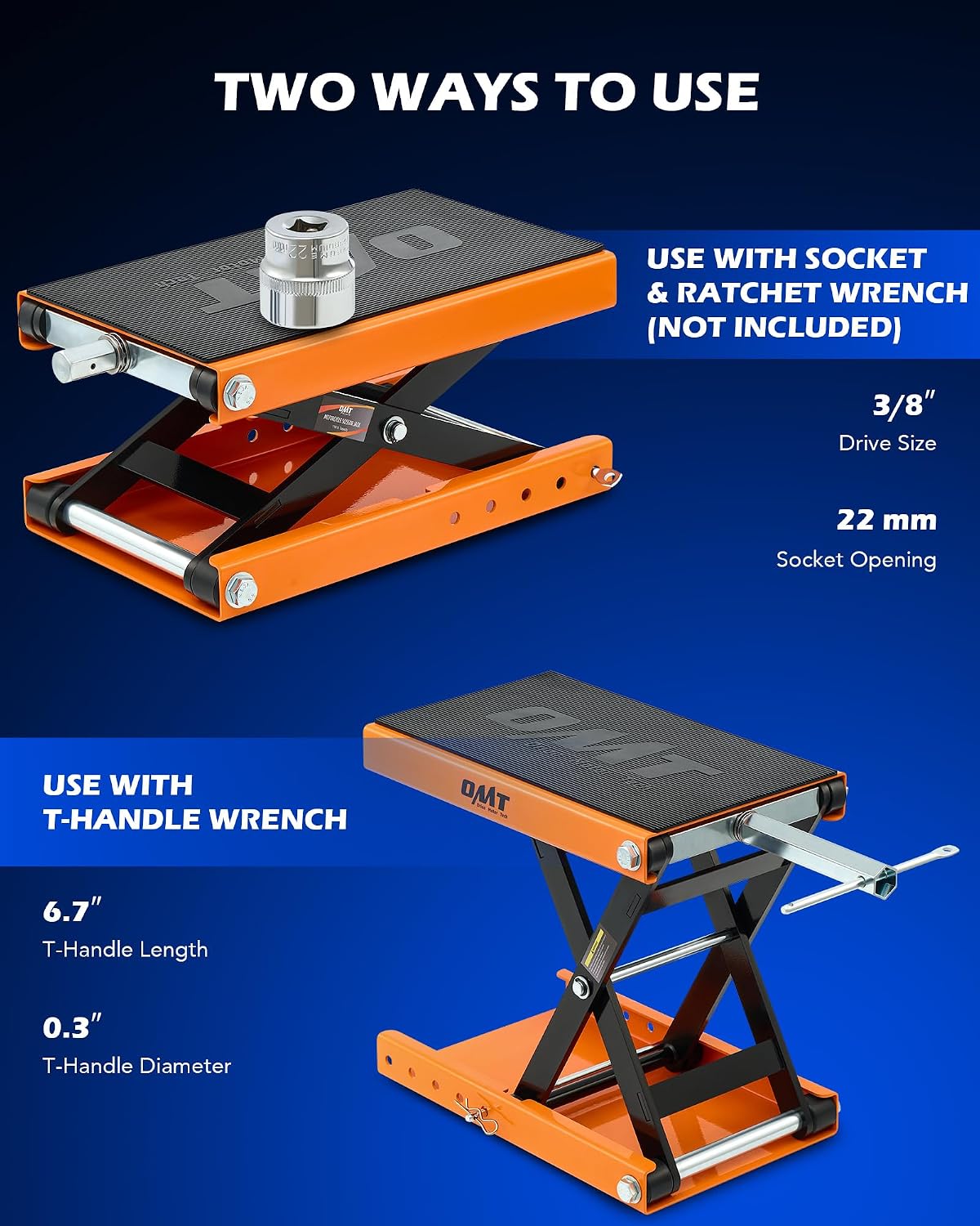 OMT 1100lb Motorcycle Scissor Lift Jack Wide Deck Motorbike Hoist Stand | Center Stand For ATV Dirt Bike Cruiser; T Handle And 3/8 Inch Socket; 3.7 To 14.6 Inch Lift; 5 Locking Holes; Chain Brush