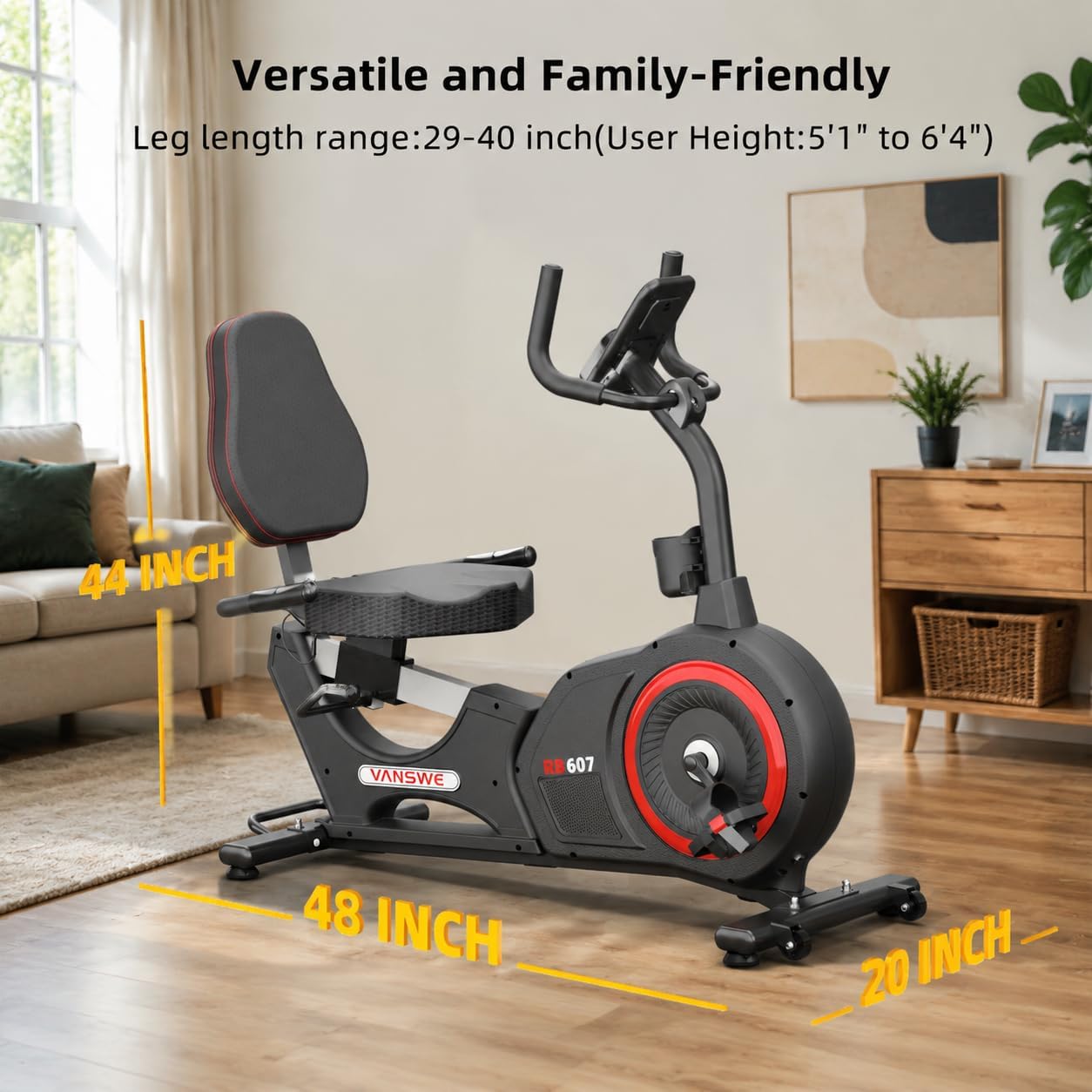 VANSWE Recumbent Exercise Bike for Home Seniors with 450 LB Weight Capacity | Fit 5’1”-6’4”, Bluetooth App Connectivity