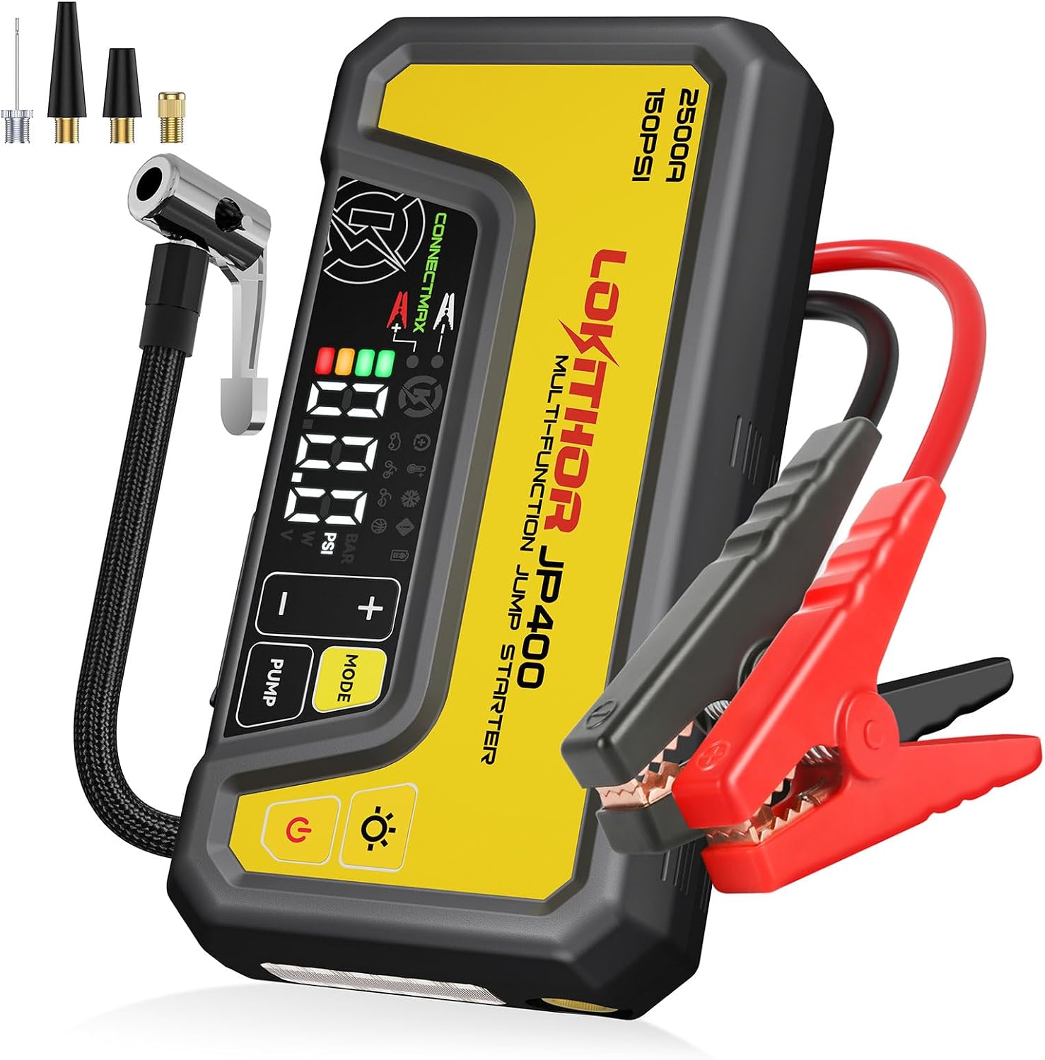LOKITHOR JP400 Jump Starter with Air Compressor for 8.5L Gas/6.5L Diesel | 2500A 12V Portable Jumper Starter for Car, 150PSI Tire Inflator, 300 Lumen LED Light, Power Bank, ConnectMax, Jumper Cables