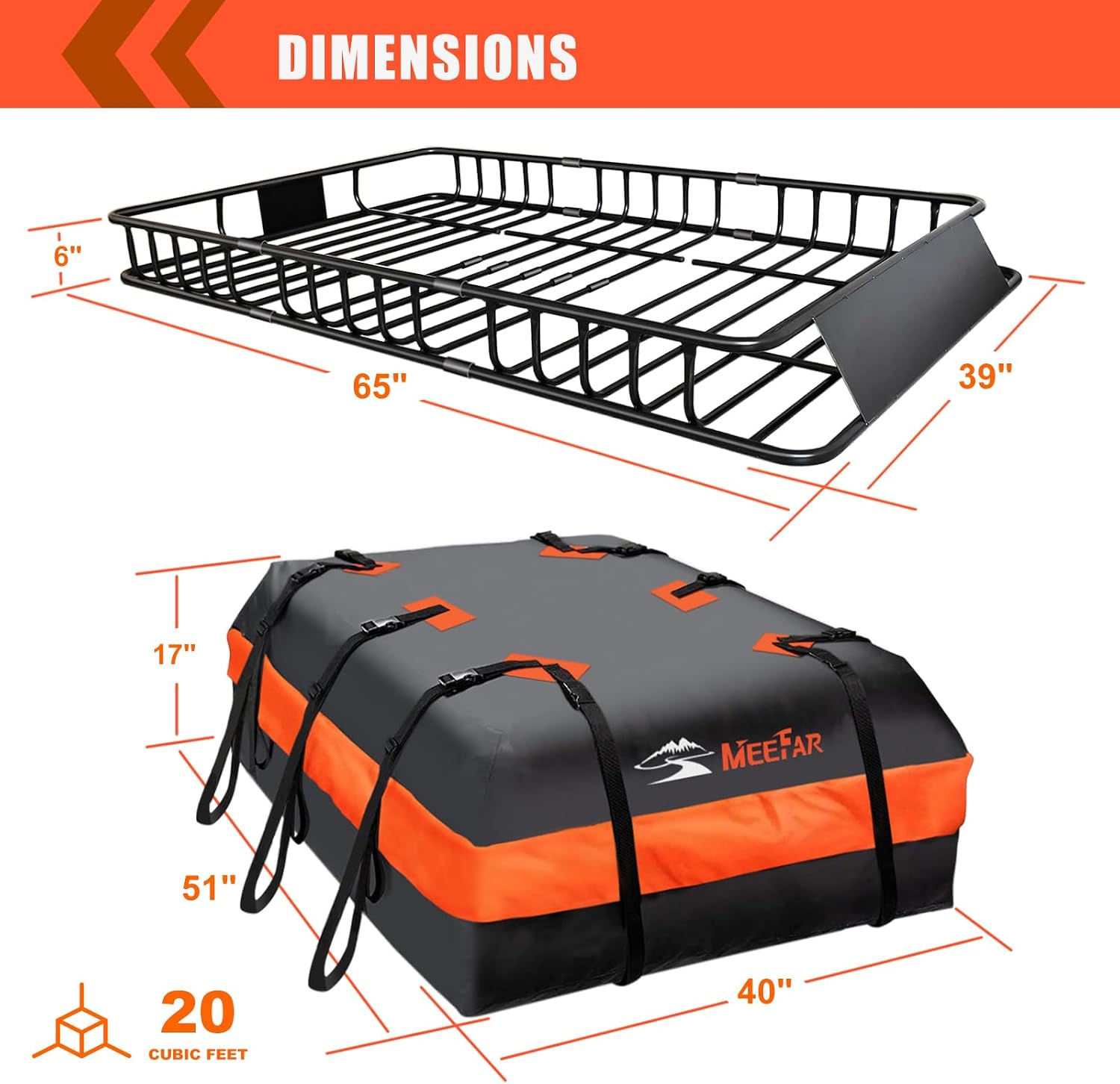 Roof Rack Rooftop Cargo Carrier Basket 65"*39"*6"+Waterproof Bag 20 Cu.Ft. | Roof Basket include Cargo Net with Hooks,Ratchet Straps,Combination Lock|200 Lbs Capacity,Universal Rooftop Large Roof Rack