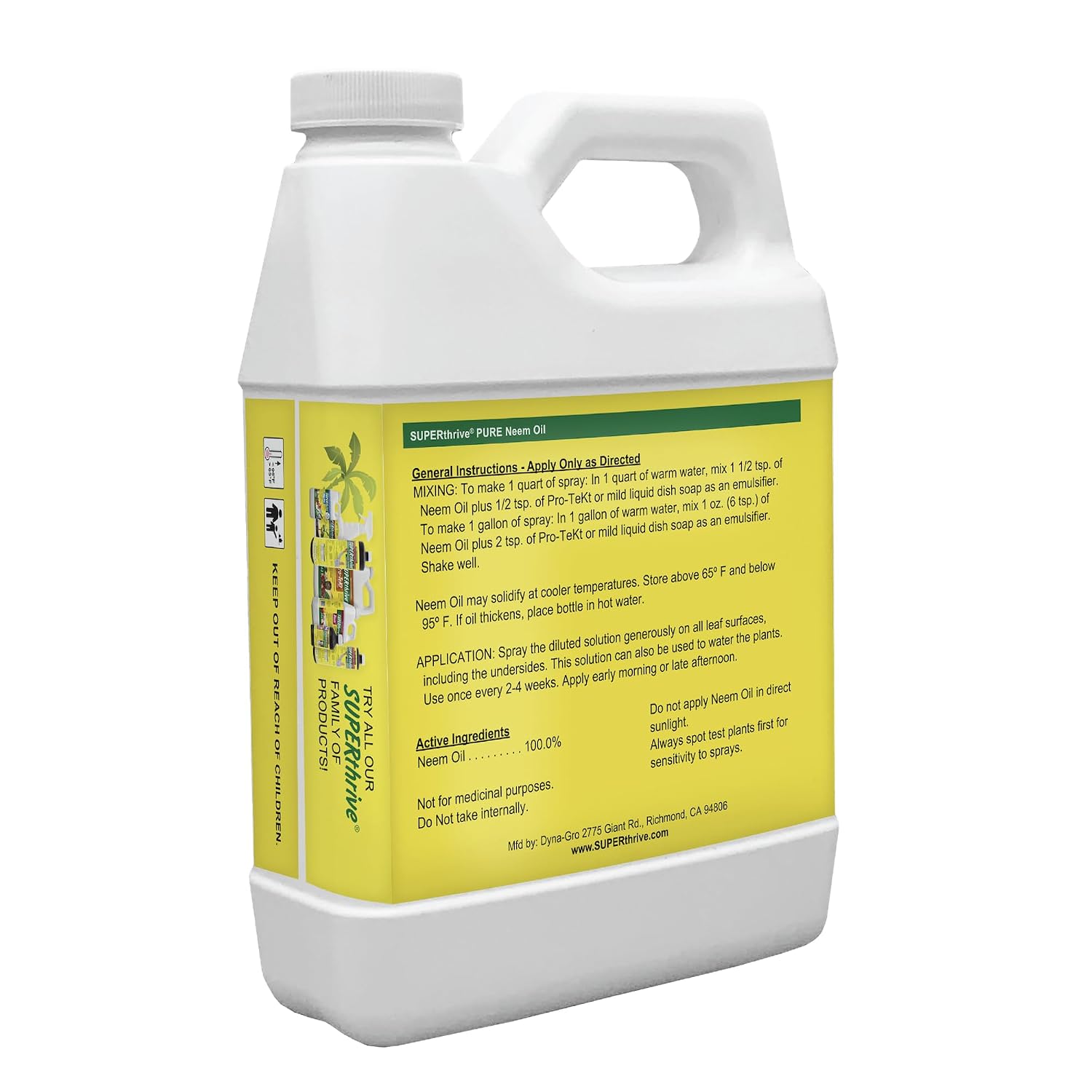 SUPERthrive Organic Pure Neem Oil, Cold-Pressed, Concentrate, 32 oz | 100% cold pressed & filtered. No additives, biodegradable. For leaf polish and plant care.