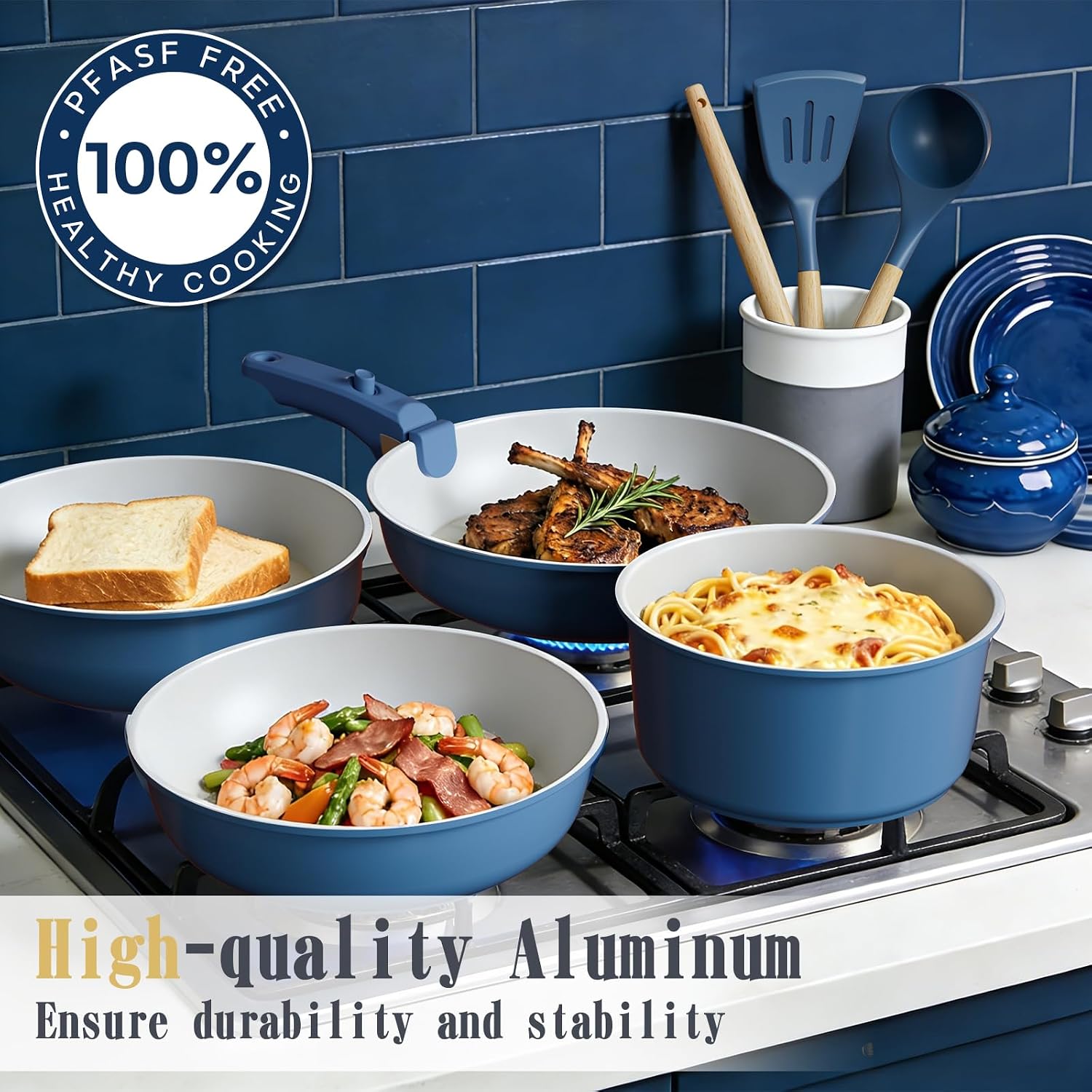 Umite Chef Non Stick Pots and Pans Set, 21 Pcs Ceramic Kitchen Cookware Set with Detachable Handle, Nonstick Healthy Induction Cookware, Dishwasher RV Cookware Set, Oven Safe, Stackable, Sage Green