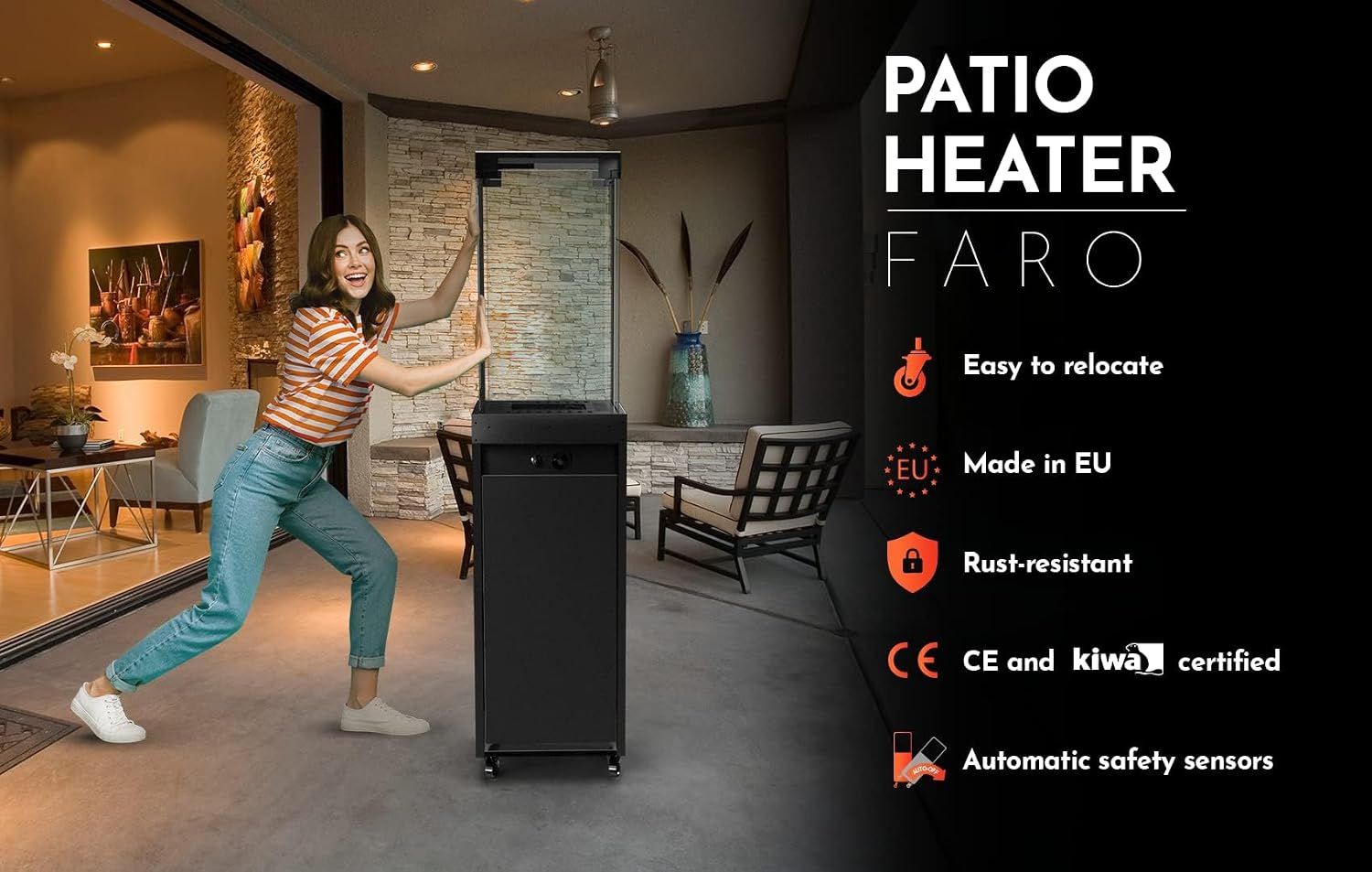 Planika Faro 41, 000 BTU Propane Patio Heater 59" Modern Freestanding Glass Tower with Wheels, Smokeless 360° Flame
