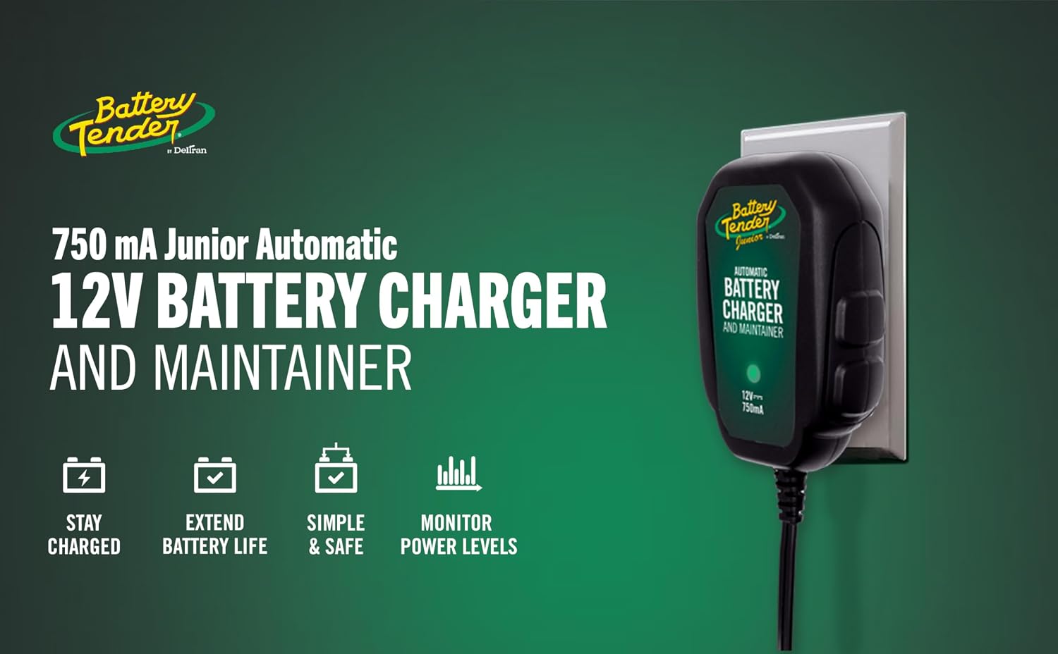 Battery Tender Junior 12V, 750mA Charger and Maintainer: Automatic 12V Powersports for Motorcycle, ATVs