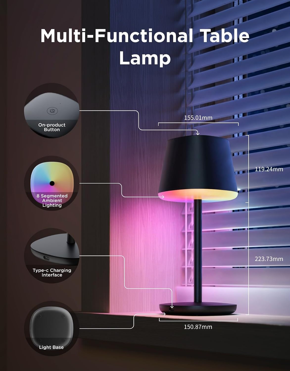 Govee Smart Cordless Table Lamp Classic (No Adapter), RGBIC Desk Lamp | Rechargeable Table Lamp for Bedroom, Living Room