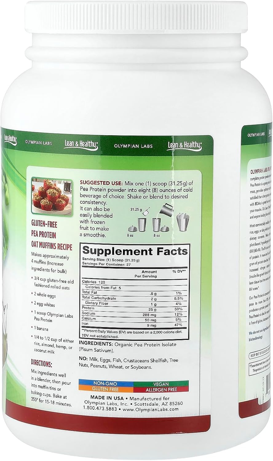 Olympian Labs Plant Based Pea Protein Powder, Unflavored - 25g of Protein, Vegan, Low Net Carbs, Gluten Free, Lactose Free, No Sugar Added, Soy Free