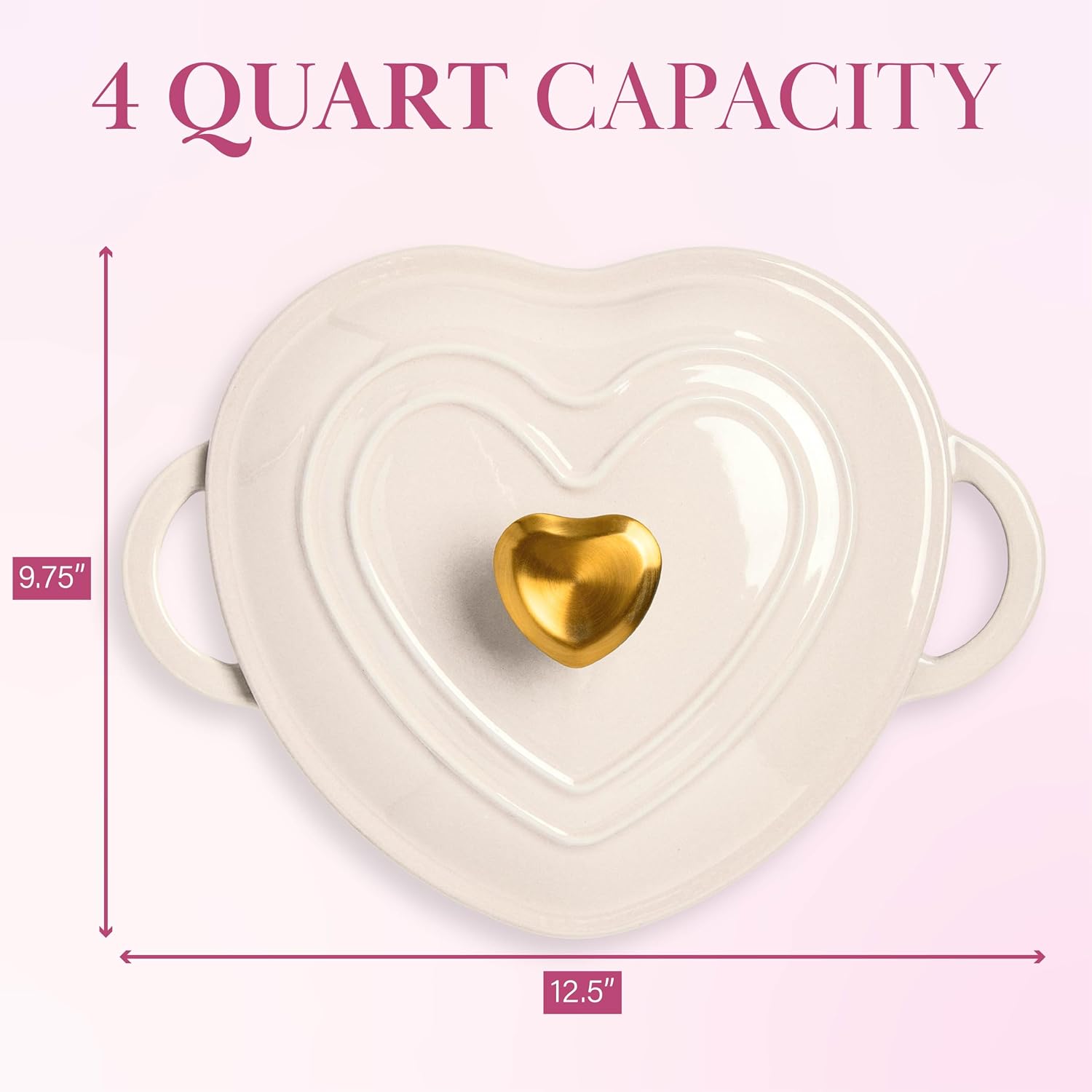 Paris Hilton Enameled Cast Iron Dutch Oven Pot with Lid, Heart-Shaped Dutch Oven, Durable Cast Iron Pot with Dual Handles, Oven Safe to 500°F, Works on All Stovetops, 2-Quart, Cream