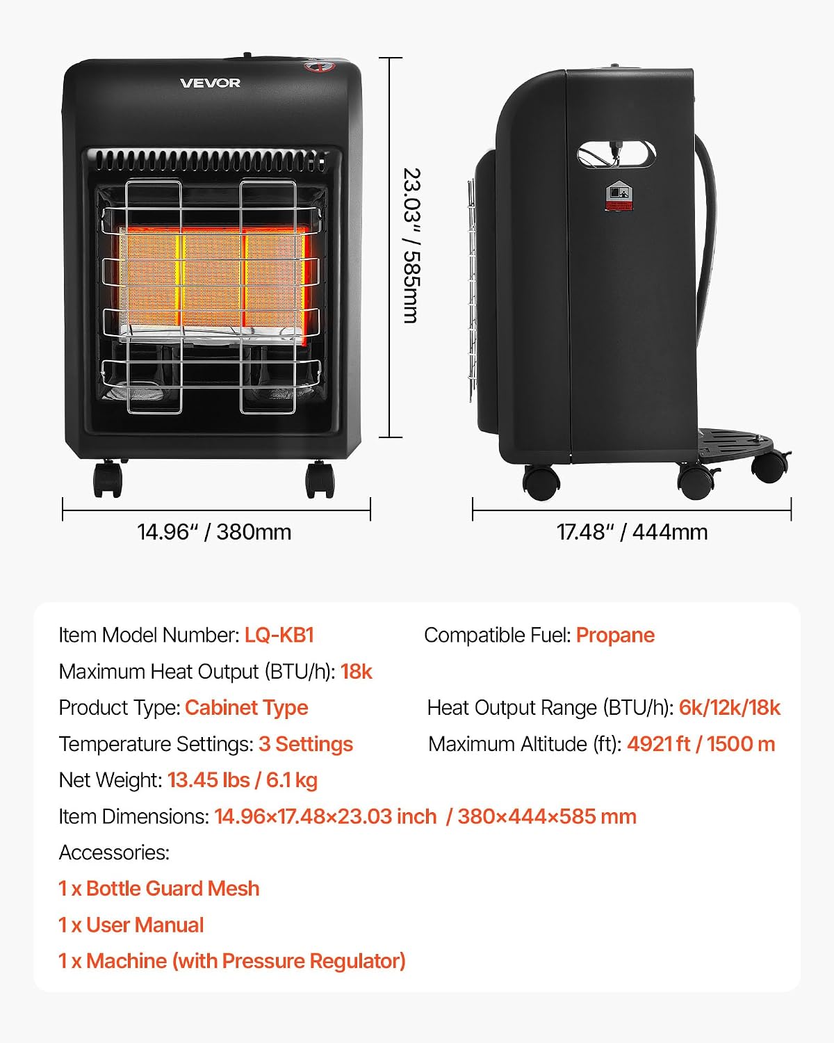 VEVOR Propane Heater, 6000 to 18000 BTU Propane Cabinet Heater with 3 Modes Temp Settings & Tip-over Protection, Garage Radiator Heat up to 450 Sq.Ft
