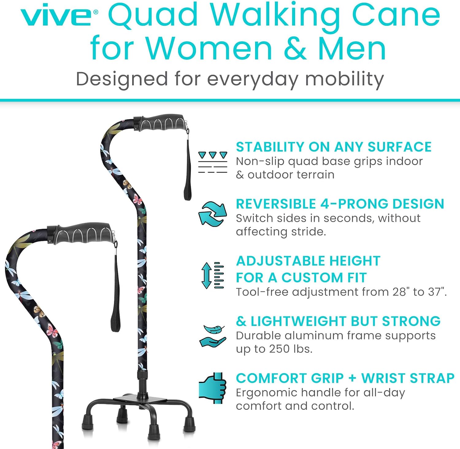 Vive Quad Cane - Walking Stick for Men and Women - Lightweight Adjustable Staff - Comfortable Right and Left Hand Grip for Stability Support - Four Prong Sturdy Aluminum Travel Aid - 4 Tip Blue | Senior 4 Prong Walking Stick for Stability & Balance- Righ…