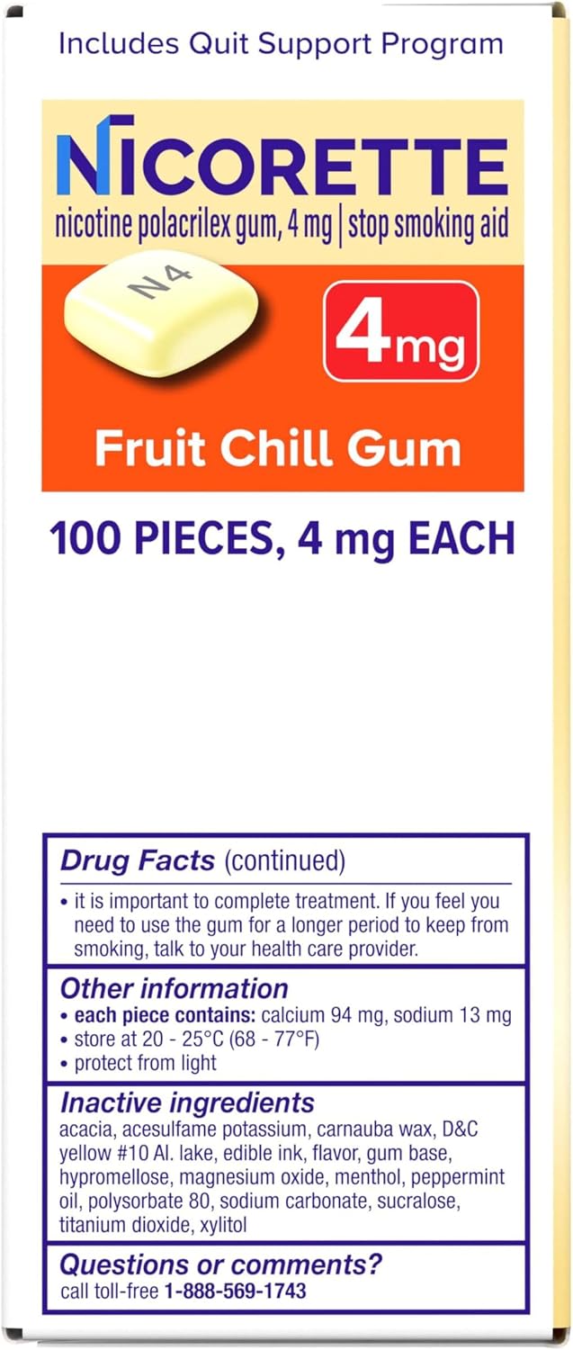 Nicorette Nicotine Gum 4mg, Quit Smoking Aid, Fruit Chill Flavor, 20 Count | Reduces Nicotine Cravings and Withdrawal Symptoms, Intense Craving Relief, Portable Smoking Cessation Gum