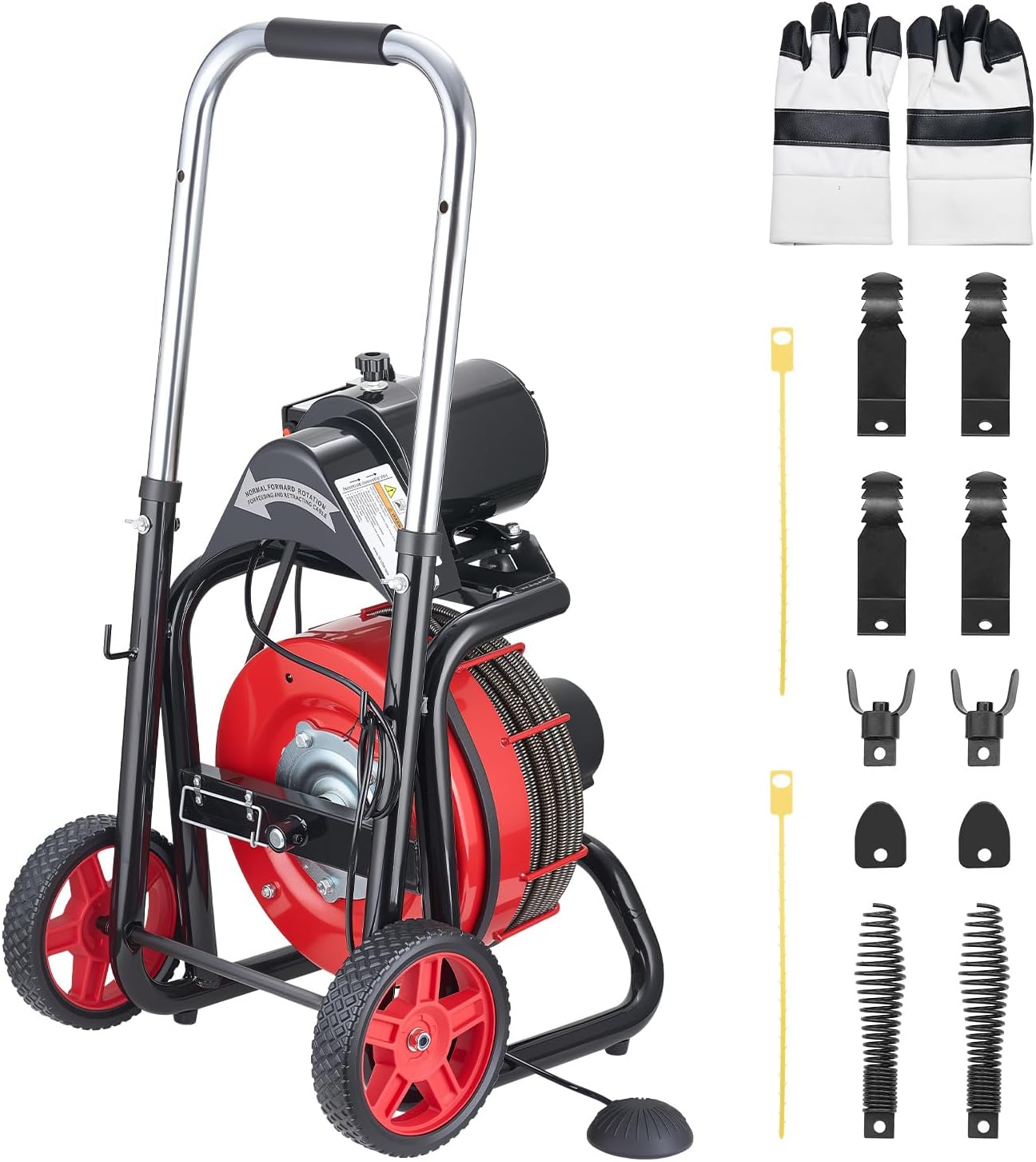 VEVOR Drain Cleaner Machine 75 FT x 3/8 Inch, Sewer Snake Auger Manual Feed with 4 Cutters & Air-activated Foot Switch for 2" to 4" Pipes