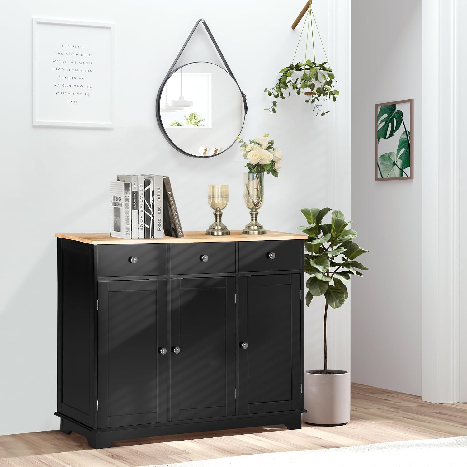 HOMCOM Sideboard Buffet Cabinet Solid Wood Countertop White
