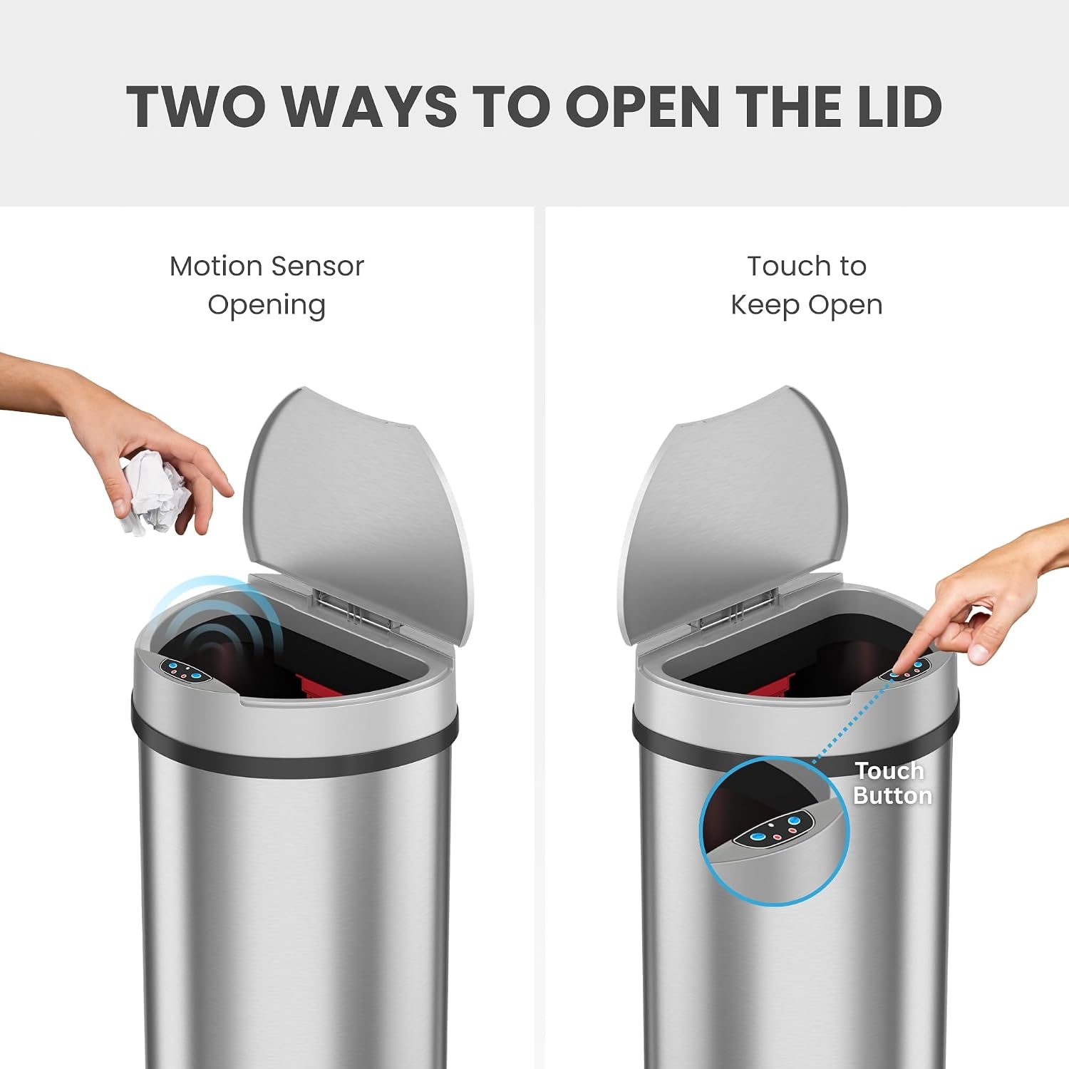 iTouchless 50 Liter / 13 Gallon Kitchen Trash Can with Lid & Deodorizer – Motion Sensor Semi-Round Stainless Steel Garbage Bin for Home, Office, or Garage – Slim, Wide Opening Large Capacity Design