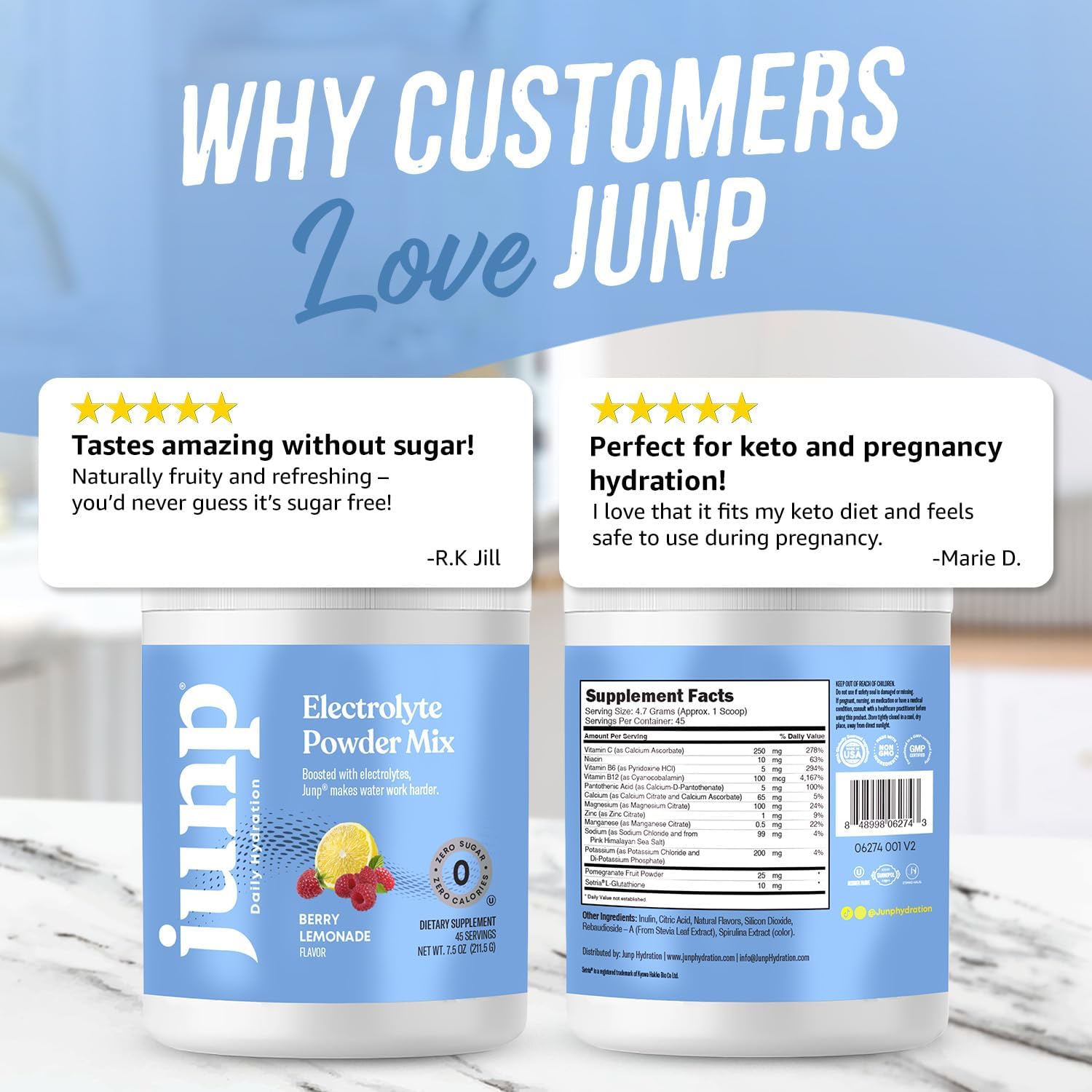 JUNP Electrolytes Powder No Sugar No Carbs – Lemonade Keto Electrolyte Drink Mix - Potassium & Salt Hydration Powder Electrolytes - Zero Calorie
