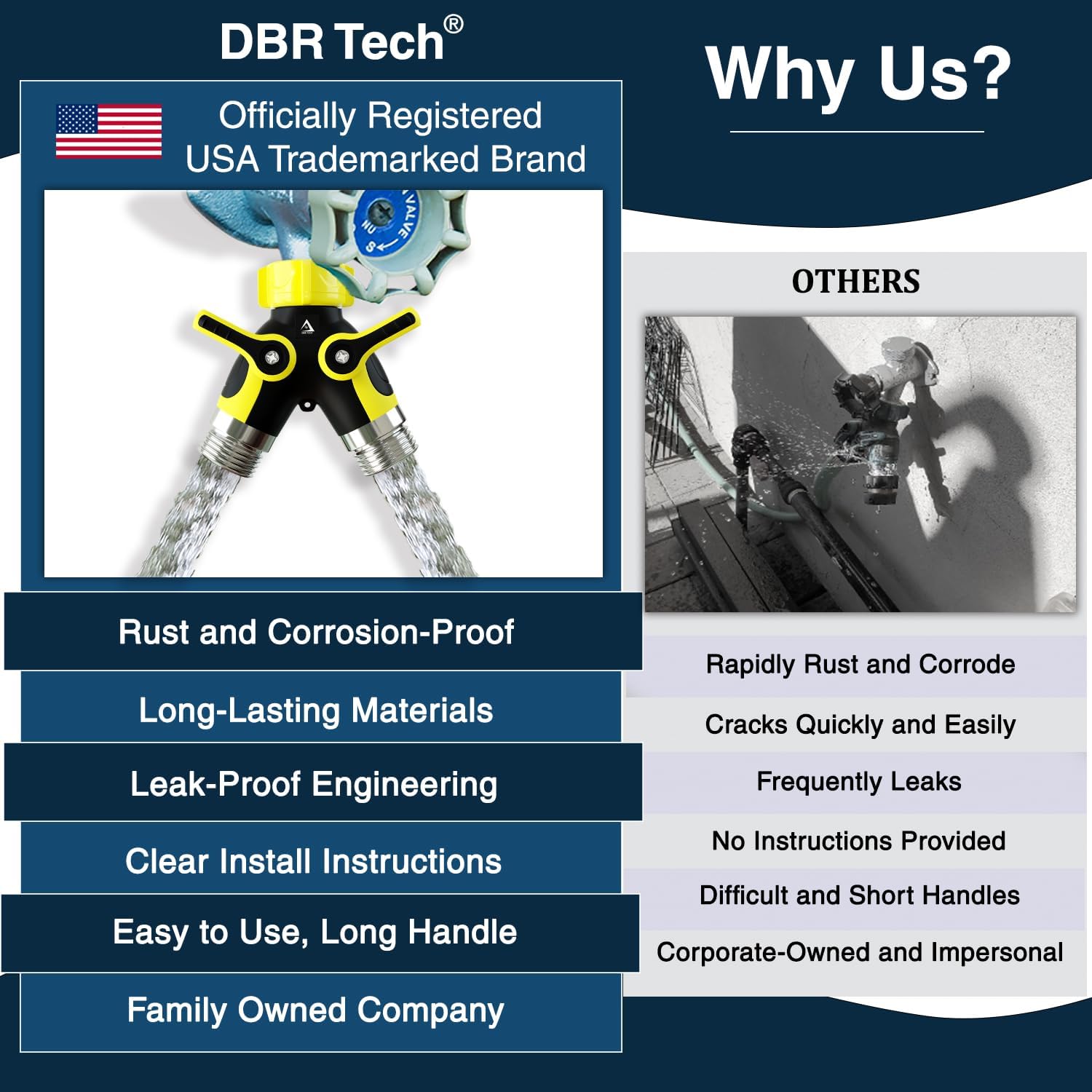DBR Tech® Hose Splitter 2 Way, Heavy Duty Metal Connector, Two Way Garden Hose Splitter, High Flow Spigot Faucet Bib Adapter