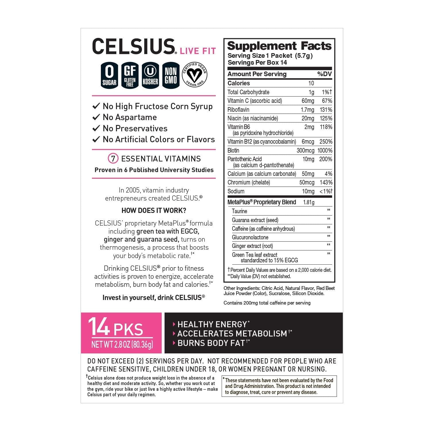 CELSIUS On-The-Go Powder Stick Packs, Zero Sugar (14 Sticks per Pack)