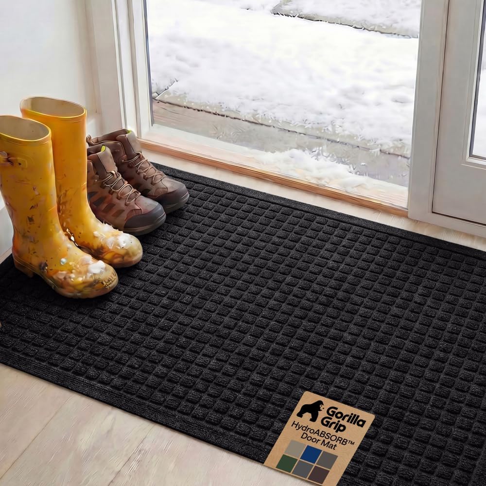GORILLA GRIP® HydroABSORB Door Mat for Indoor Outdoor Use, 29x17 Black