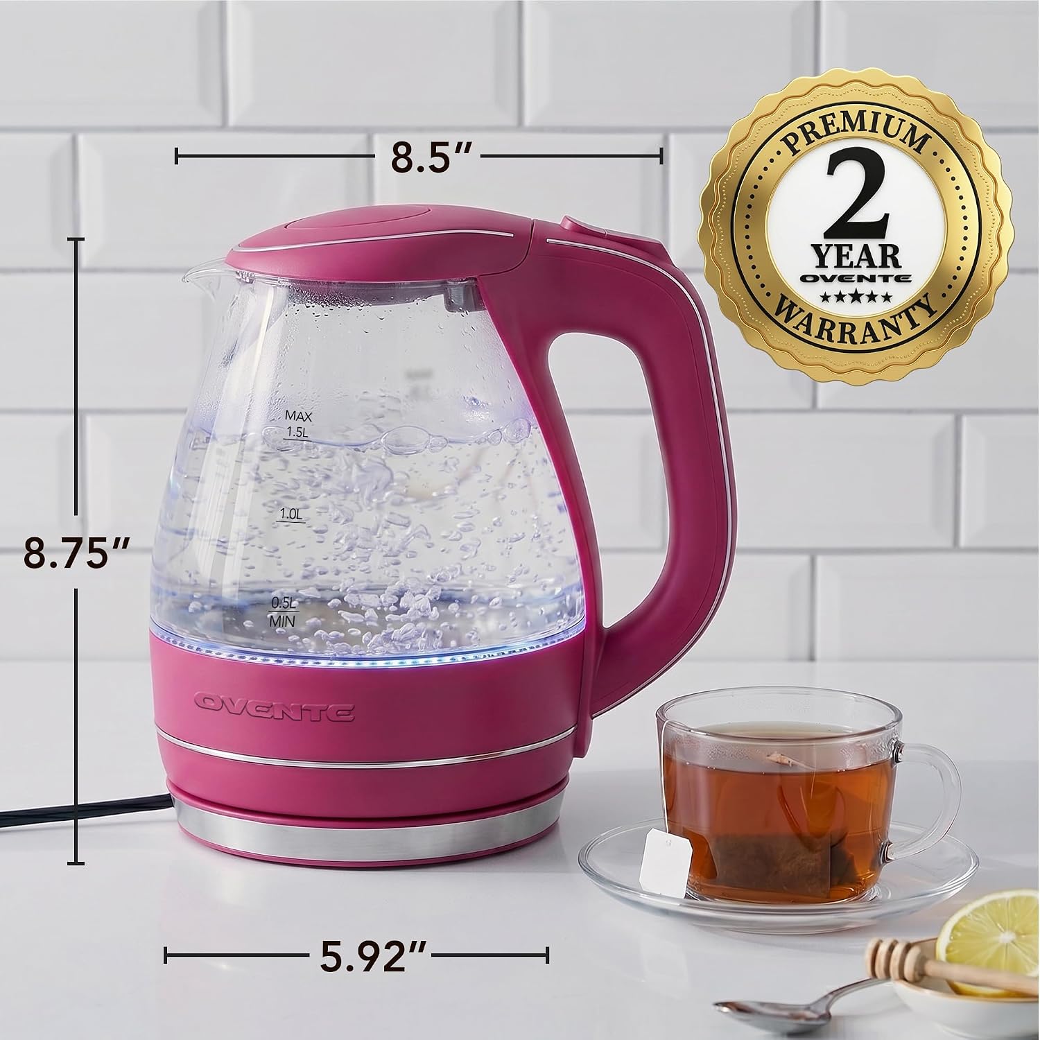 OVENTE 1.5L Glass Electric Kettle Water Boiler, Black KG83B | 1100W Fast Boiling, Borosilicate Glass, BPA-Free, Blue LED, Auto Shut-Off, Boil-Dry Protection, Removable Filter, 360° Base