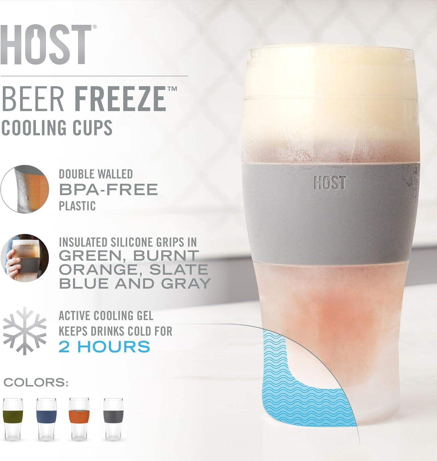 Host FREEZE Beer Glasses, Frozen Beer Mugs, Freezable Pint Glass Set, Insulated Pint Glass to Keep Your Drinks Cold, Double Walled Insulated Glasses