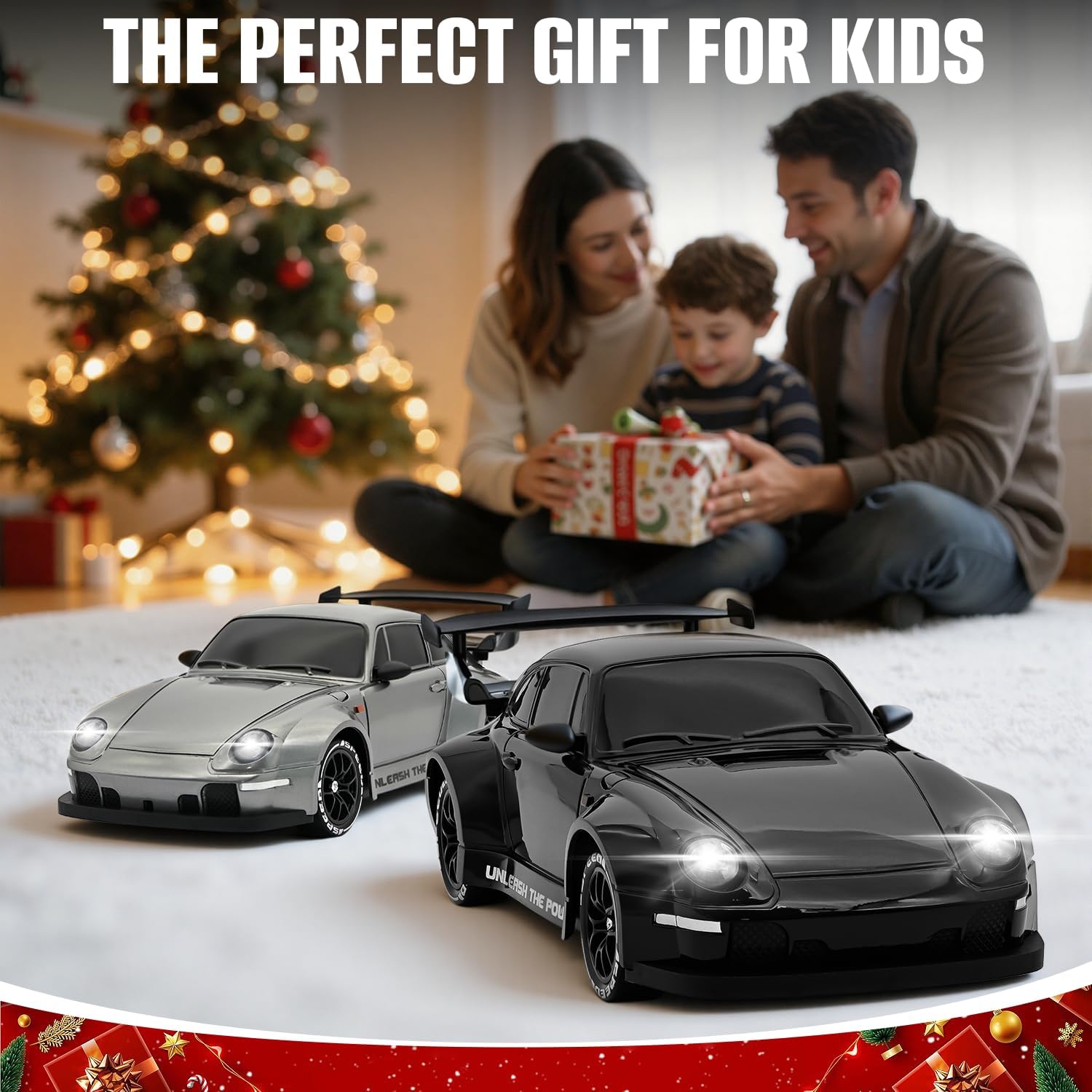 RC Drift Car,1:24 Scale Remote Control Car, 2.4GHz 20KM/H 4WD High Speed RC Cars for Kids with LED Light, Two Batteries,Drifting Tires,Racing Vehicle Toy for Adults Boys Girls Gray