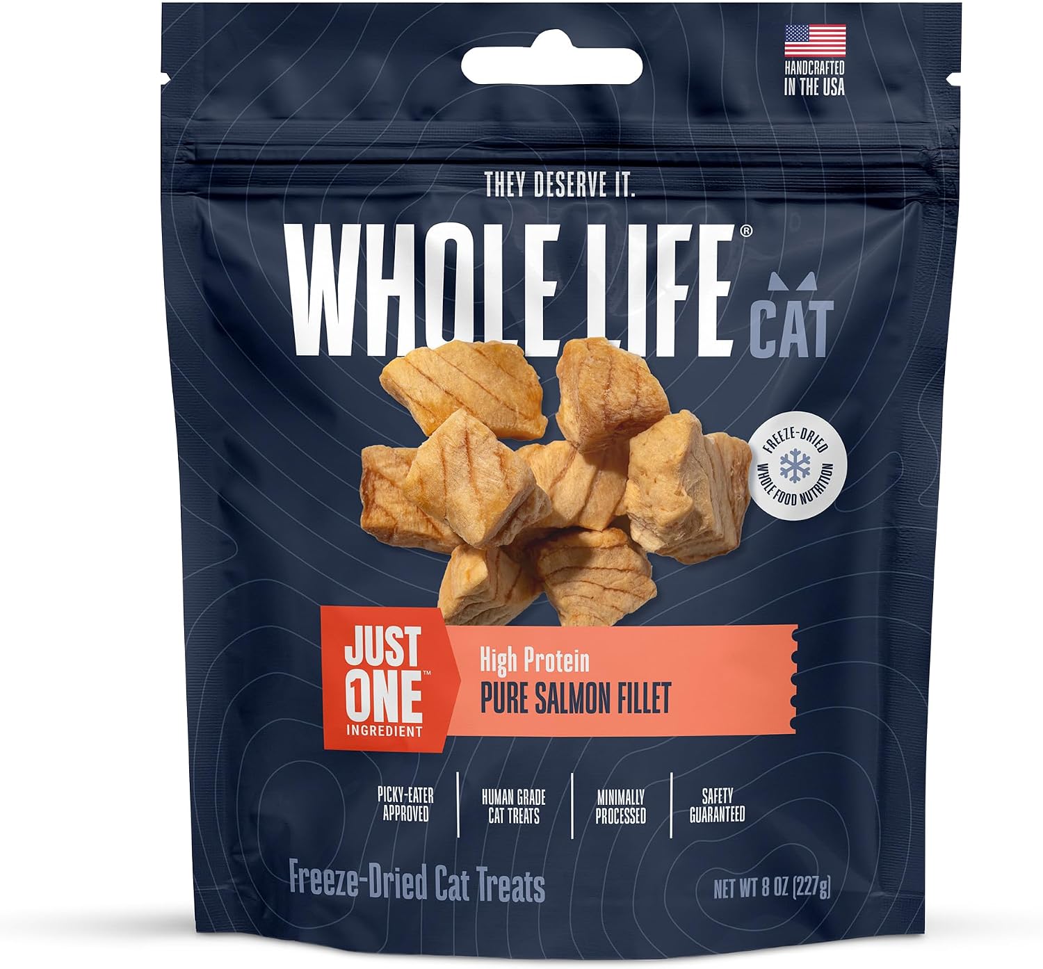 Whole Life Cat Just One Salmon Freeze Dried Cat Treats - Human Grade High Protein Food, Healthy Training Snacks, Freeze Dried Salmon Food Toppers, USA Made Natural Treats - 1 oz (Pack of 1)