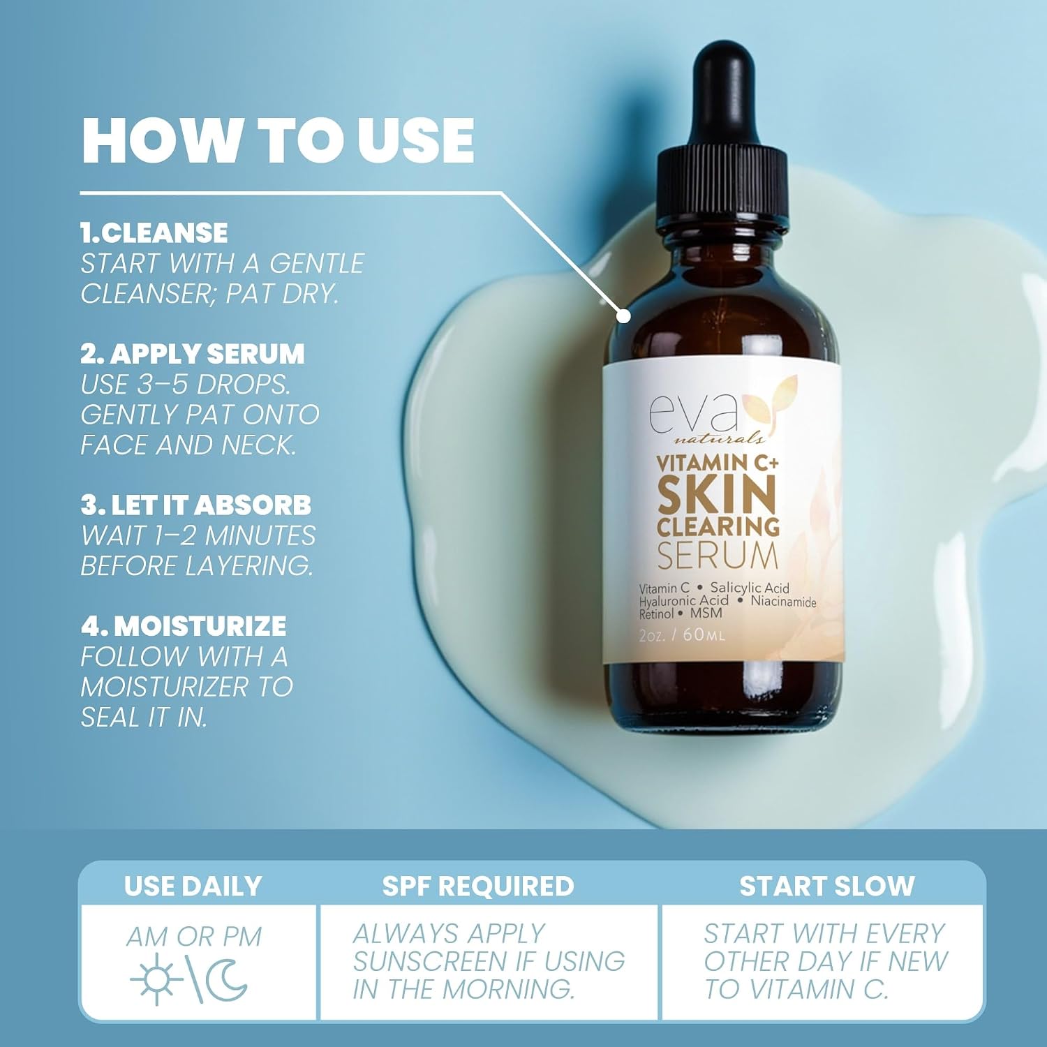 Eva Naturals Vitamin C Serum, Retinol, Niacinamide & Salicylic Acid, 1 oz | Hyaluronic acid, dark spots, brightening, dark spot remover & corrector, anti-aging