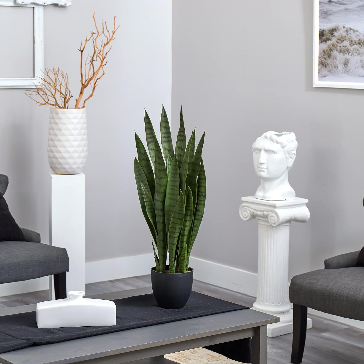 Nearly Natural 35 in Artificial Sansevieria Plant with Black Planter | Artificial Snake Plant, Faux Greenery, Indoor Home and Office Decor