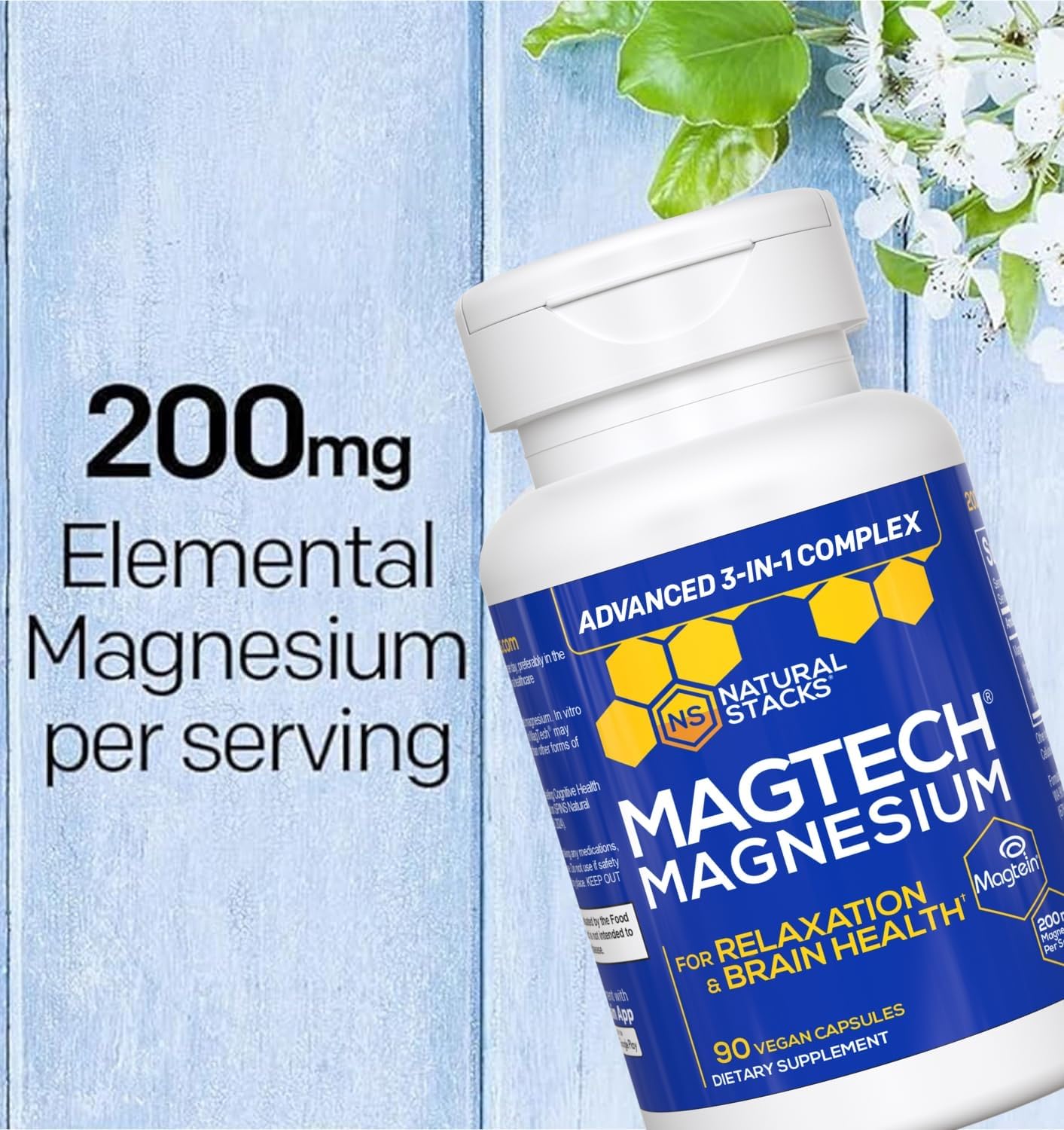 MagTech Magnesium Complex Glycinate, L-Threonate and Taurate, 90 Capsules | Advanced 3 in 1 200mg Chelated Triple Blend w/ Magtein - Supports Relaxation & Brain Health for Women & Men - Natural Stacks