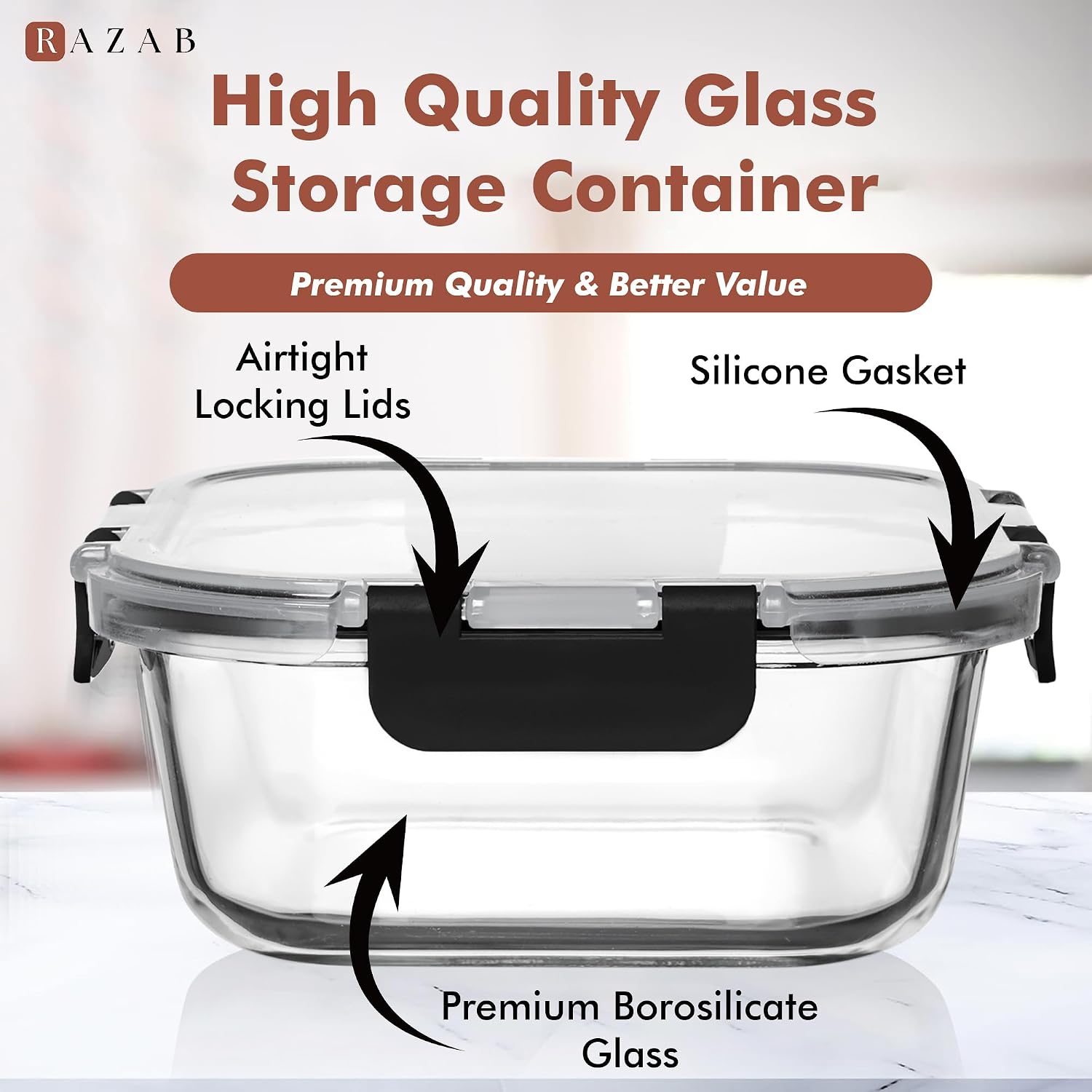 Razab 2 PC 1200ML / 41 Oz Glass Food Storage Containers with Lids - Airtight & Leakproof - Microwave/Oven/Freezer Safe - BPA Free - Ideal for Meal