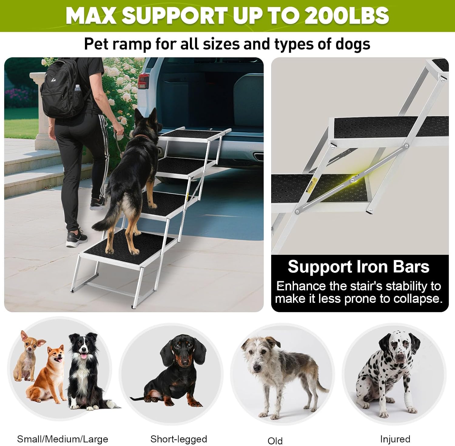 Dog Stairs for Car, Extra Wide Dog Stairs for Large Dogs, Foldable Dog Ramp for Car, Pet Steps Light Weight Aluminum, High Beds, for SUV Trucks