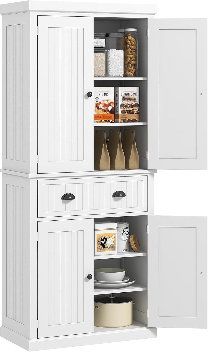 HOMCOM 72" Kitchen Pantry Cabinet Freestanding Tall Storage Cabinet White | Traditional Kitchen Pantry, 4 Doors, Drawer, 3 Adjustable Shelves, for Dining Room