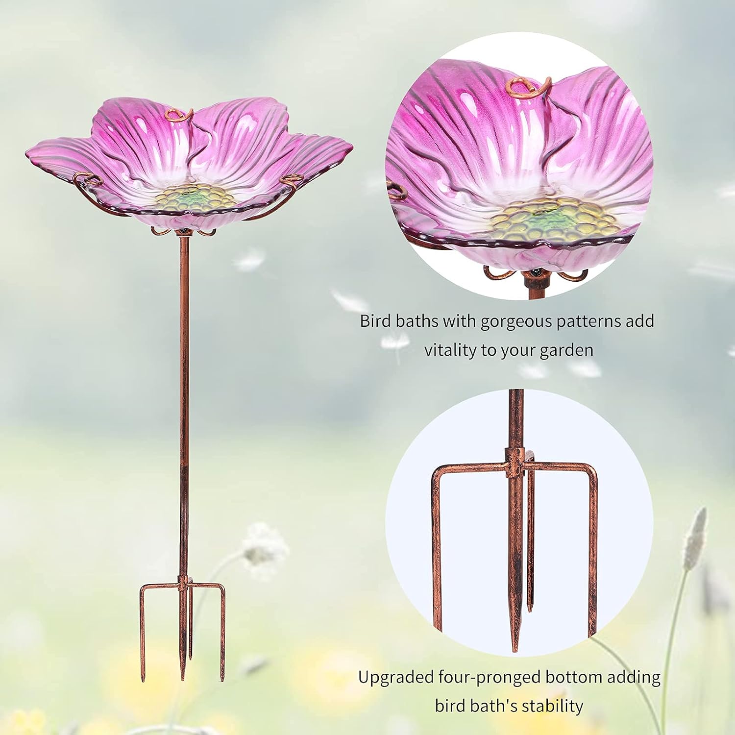 26" Glass Bird Bath, Outdoor Birdbath Bird Feeder Green Flower Metal Stake