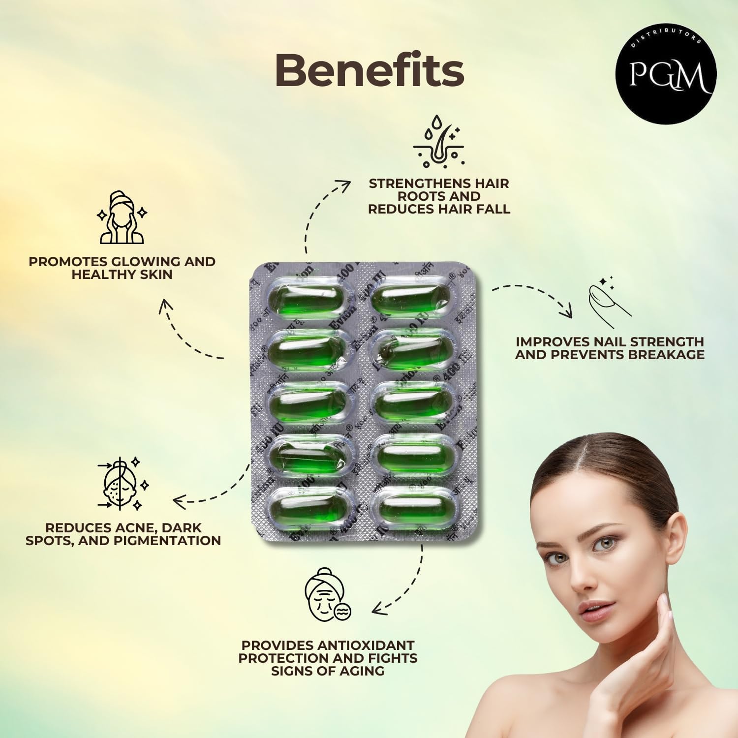50 Evion Capsules Vitamin E For Glowing Face,Strong Hair,Acne,Nails, Glowing Skin 400mg