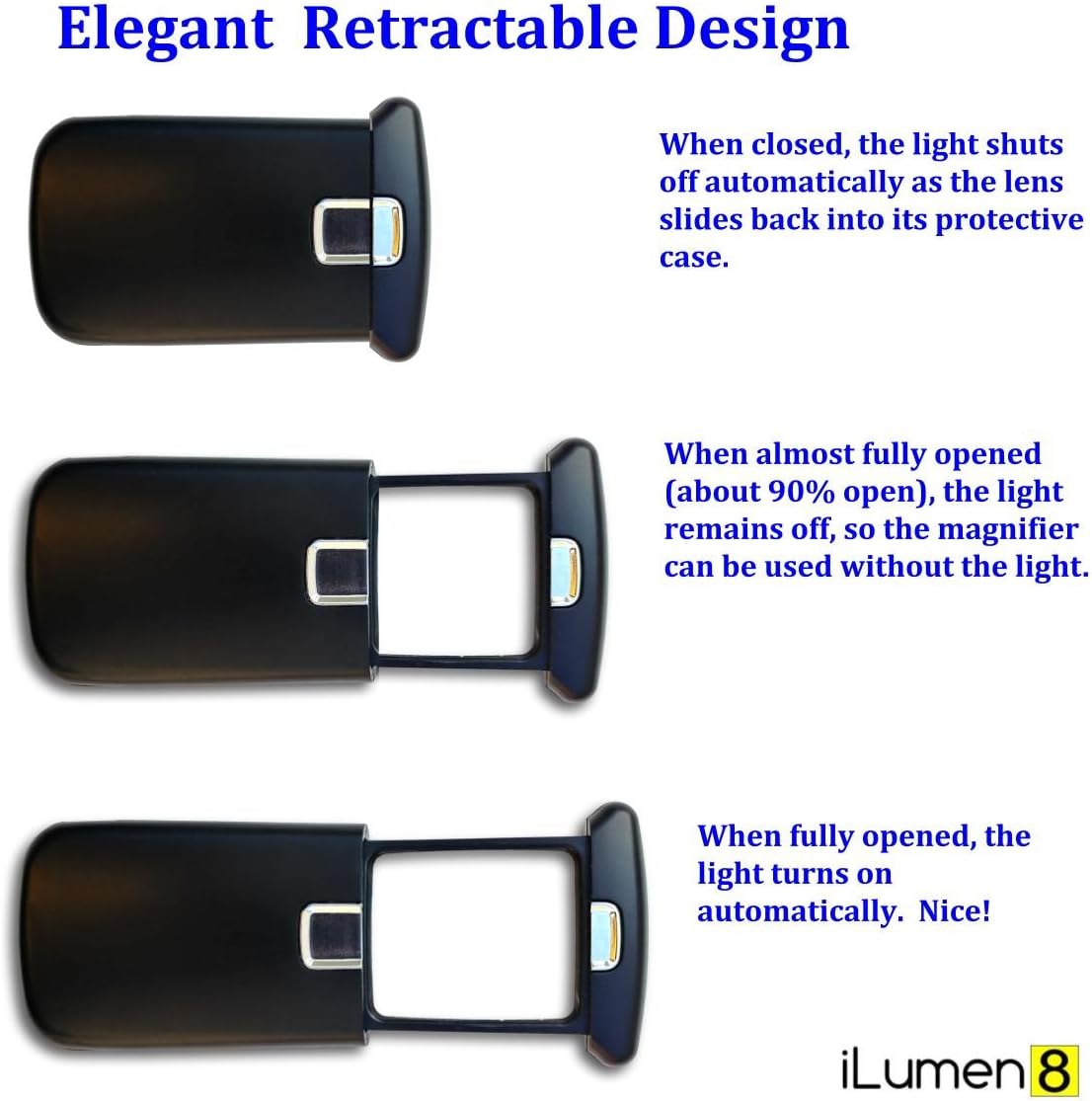 Best Pocket Magnifying Glass by iLumen8-3X Small Magnifier with Lights. Great for Seniors, Kids, Travel. Fits into Purse or Pocket Read Maps, Menu