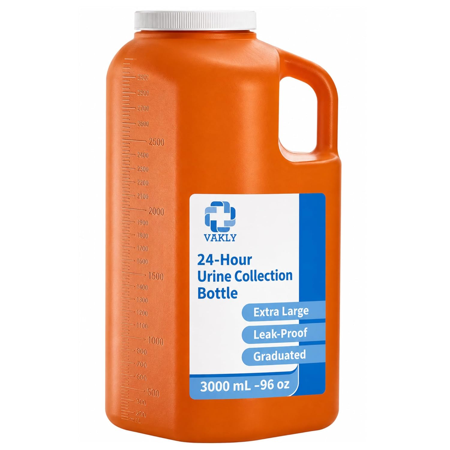 Vakly 24 Hour Urine Collection Bottle, 3000 mL, Graduated Container, Handle