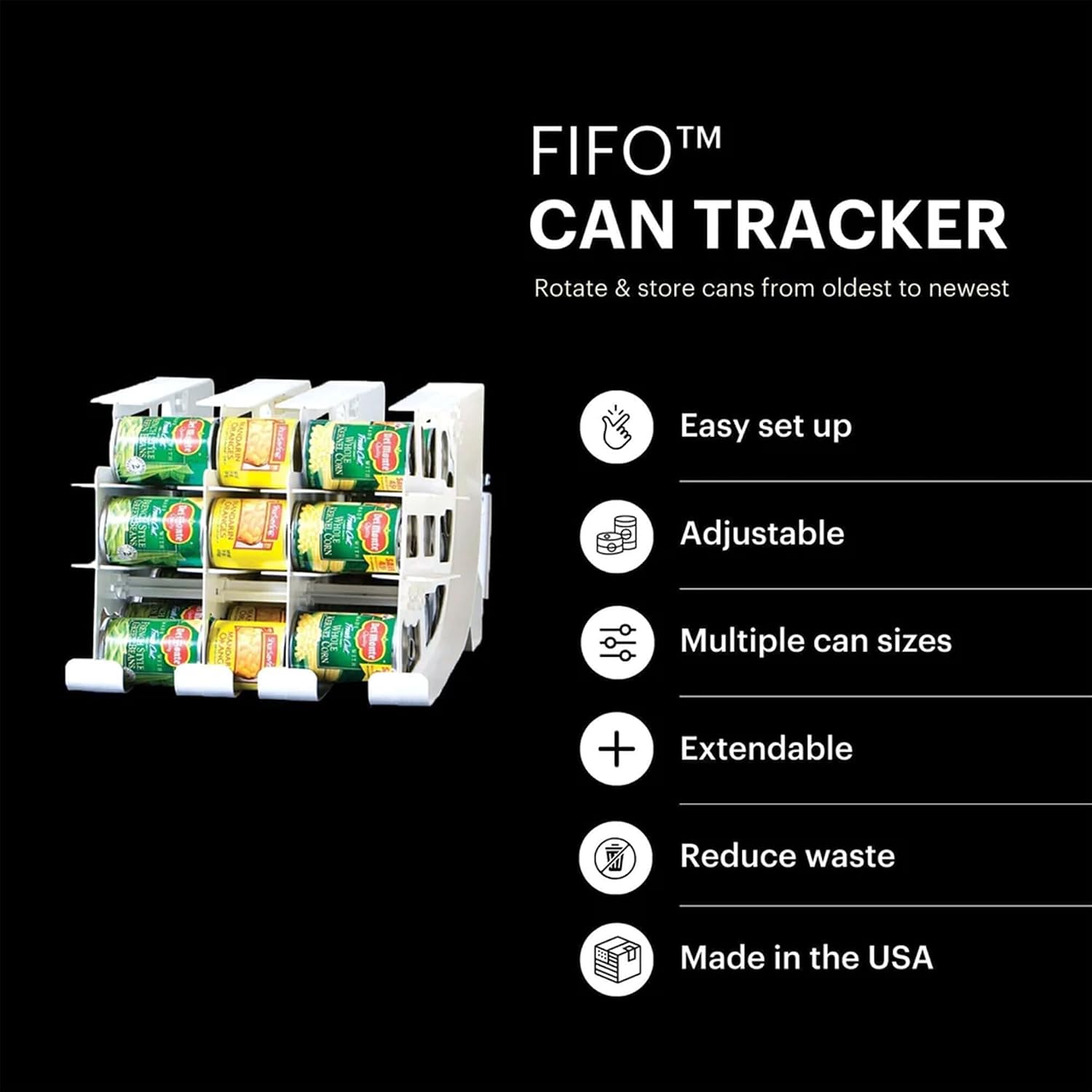 FIFO Countertop Mini Can Tracker Holds 30 Standard 10-24 Oz Can Sizes, White| Stackable & Adjustable Can Organizer for Pantry, USA Made, White