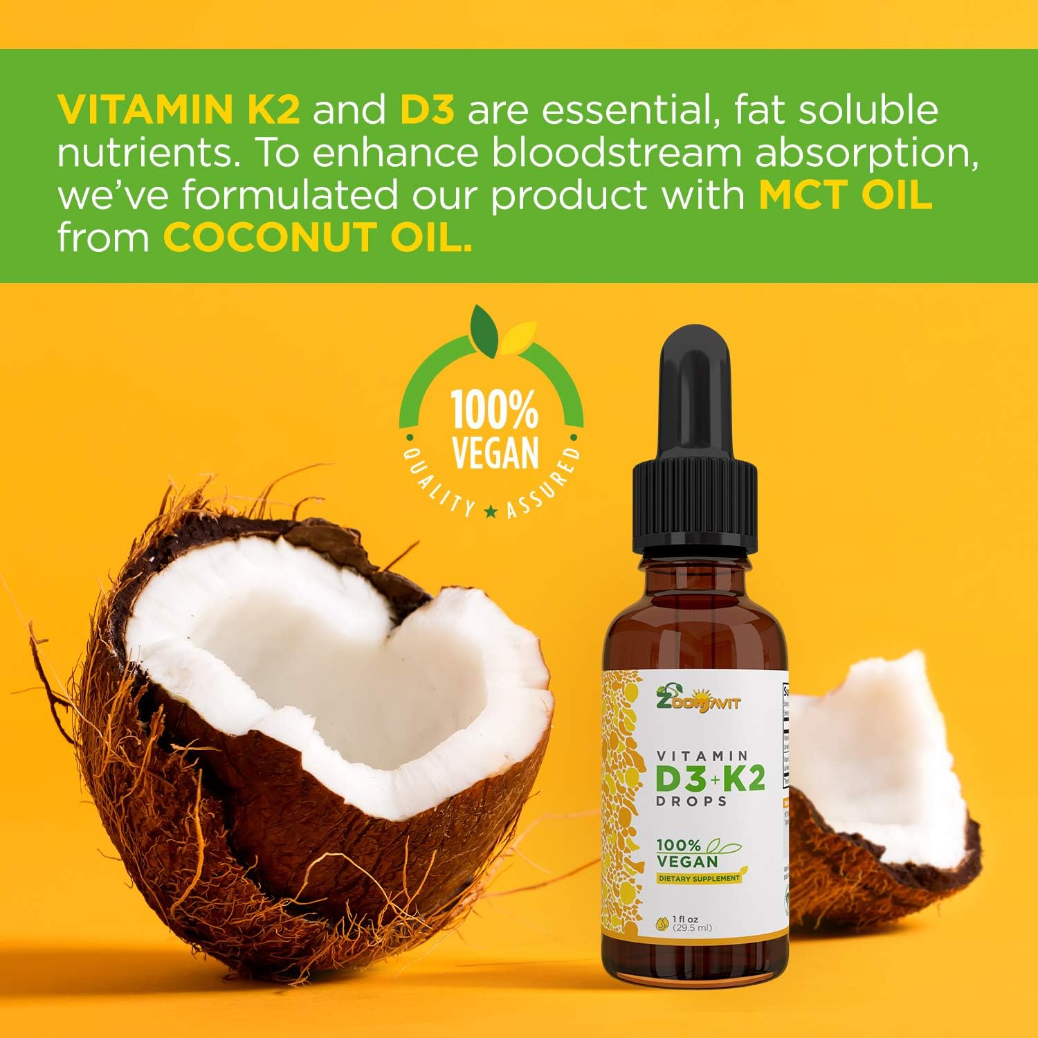Vegan Liquid Drops Vitamin D3 K2 (MK7) - 100% Plant Based Liquid Vitamin D Enhanced with Coconut Oil for Max Absorption - 1 Serving = 1000 IU VIT D3