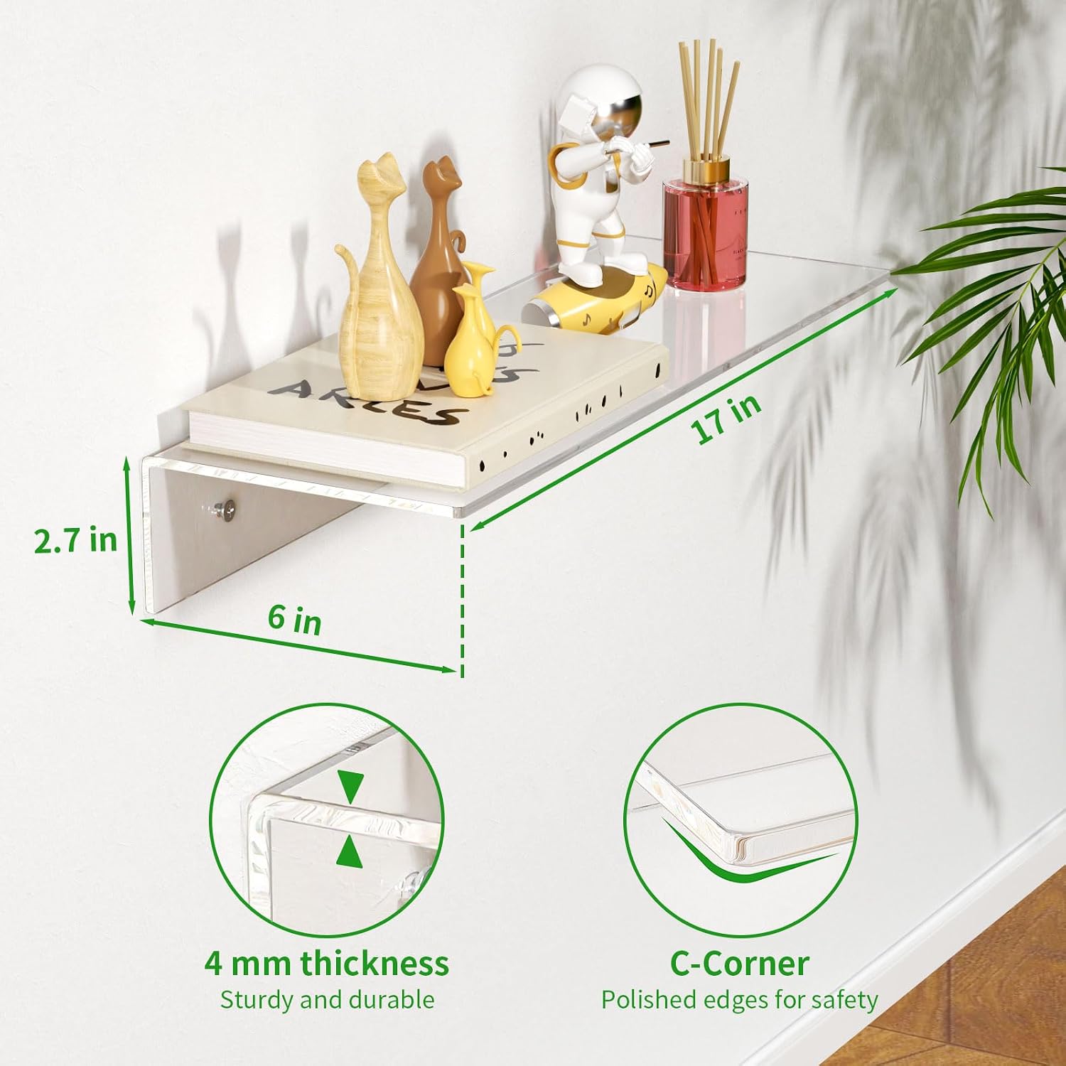 FEMELI 2 PCS 12" Acrylic Floating Shelves, Clear Shelf for Wall Display