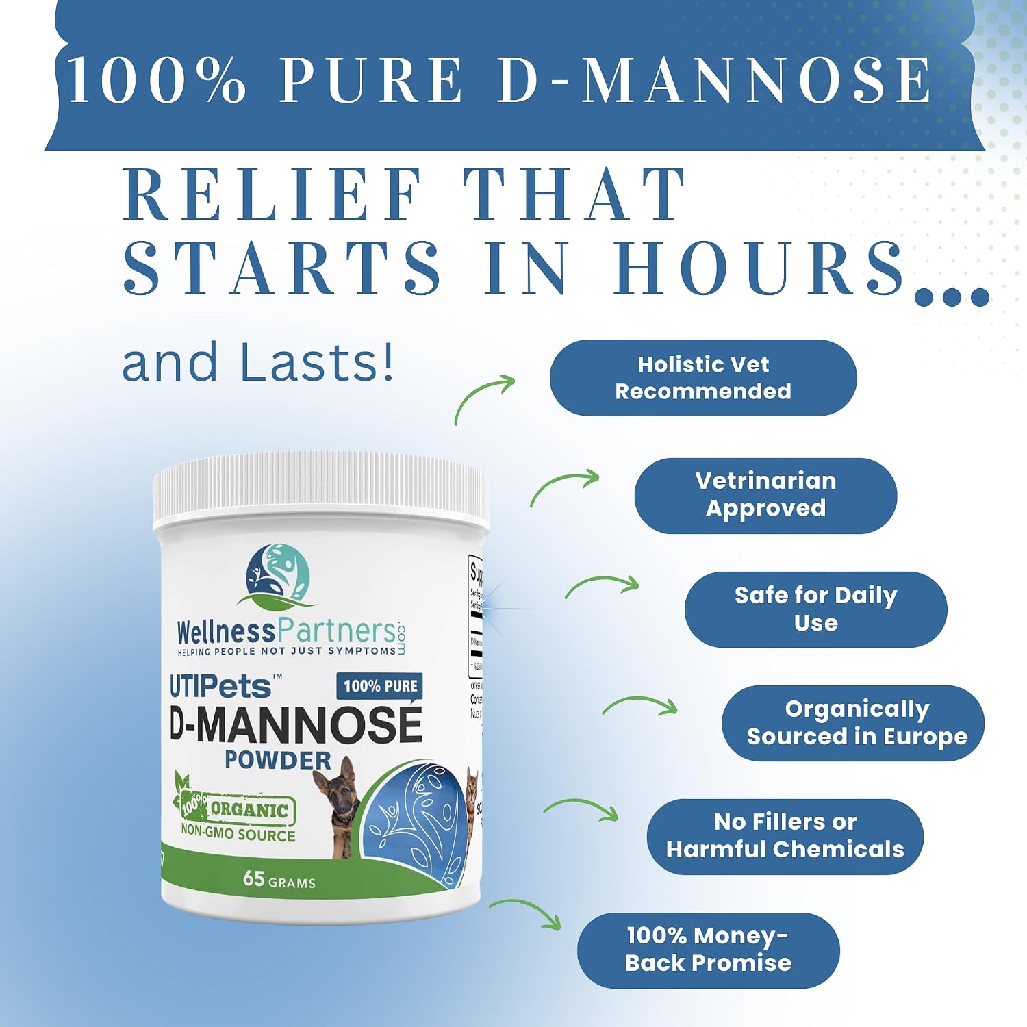 UTI Pets Pure D-Mannose Non GMO Organically Sourced Powder 65gram jar