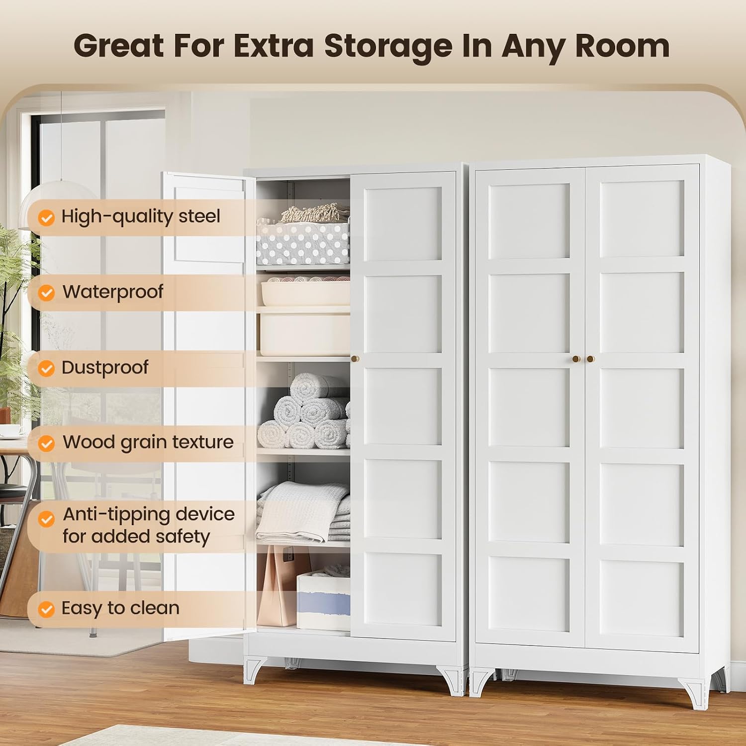 Metal Storage Cabinet with 2 Doors and 4 Adjustable Shelves - 61" White Kitchen Pantry Storage 5-Tier Tall Steel Cabinets Locker for Kitchen, Living Room, Dining Room