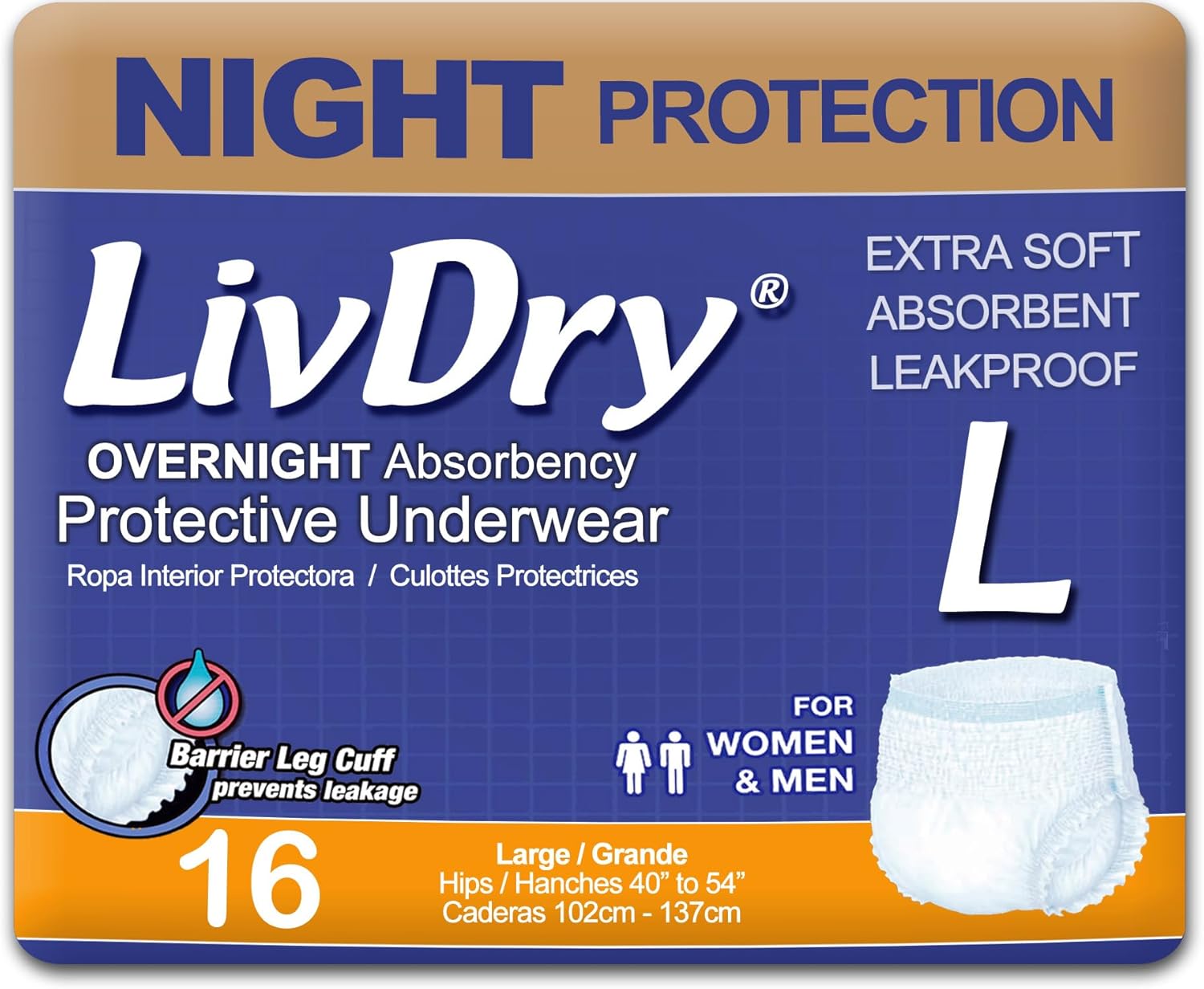 LivDry Adult XL Incontinence Underwear, Overnight Comfort Absorbency, Leak Protection, X-Large, 48-Pack