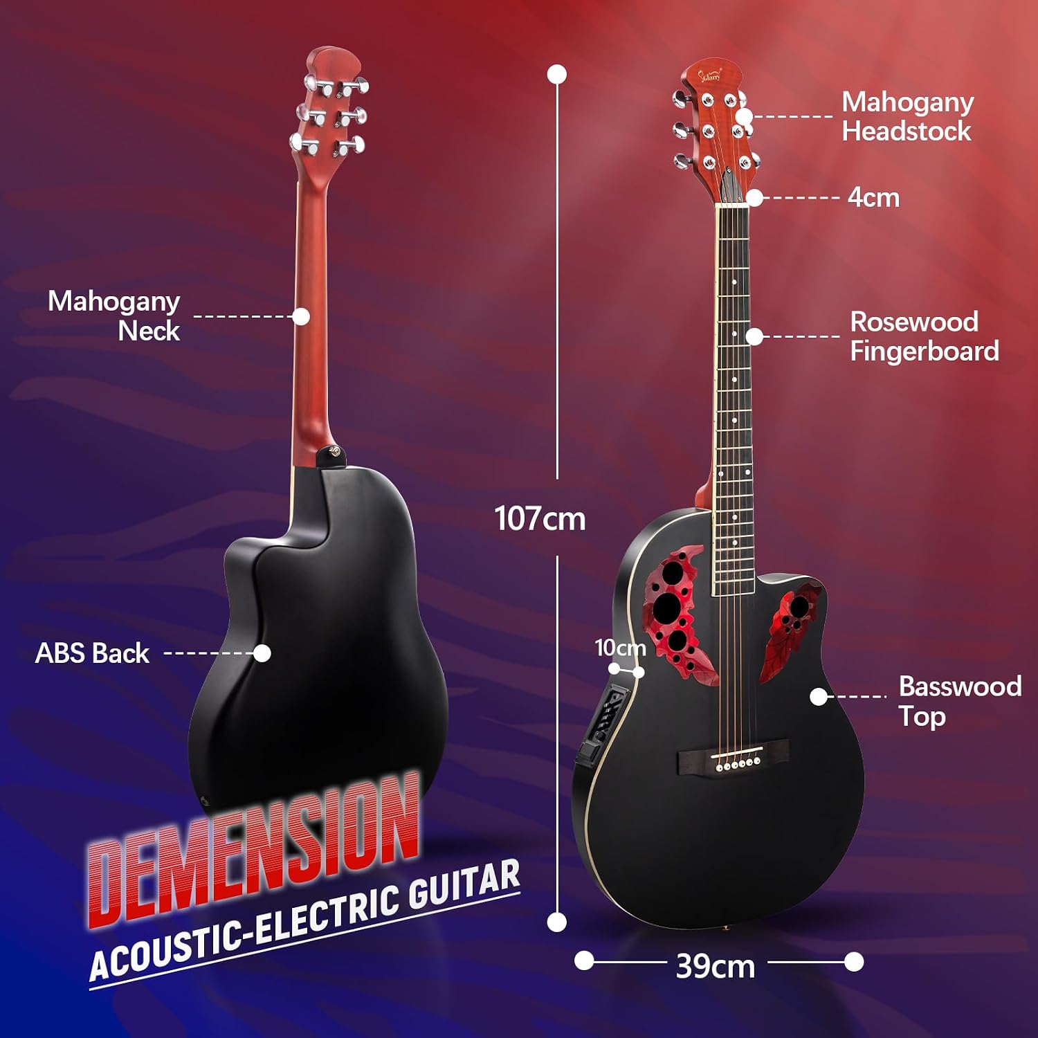 GLARRY 41in Acoustic Electric Guitar, Unique Round-back Design, 6 String Cutaway Guitar Beginner Kit with 15W Amp, EQ, Bag, Strap, Picks, Strings (Black With AMP, Full-Right Handed)