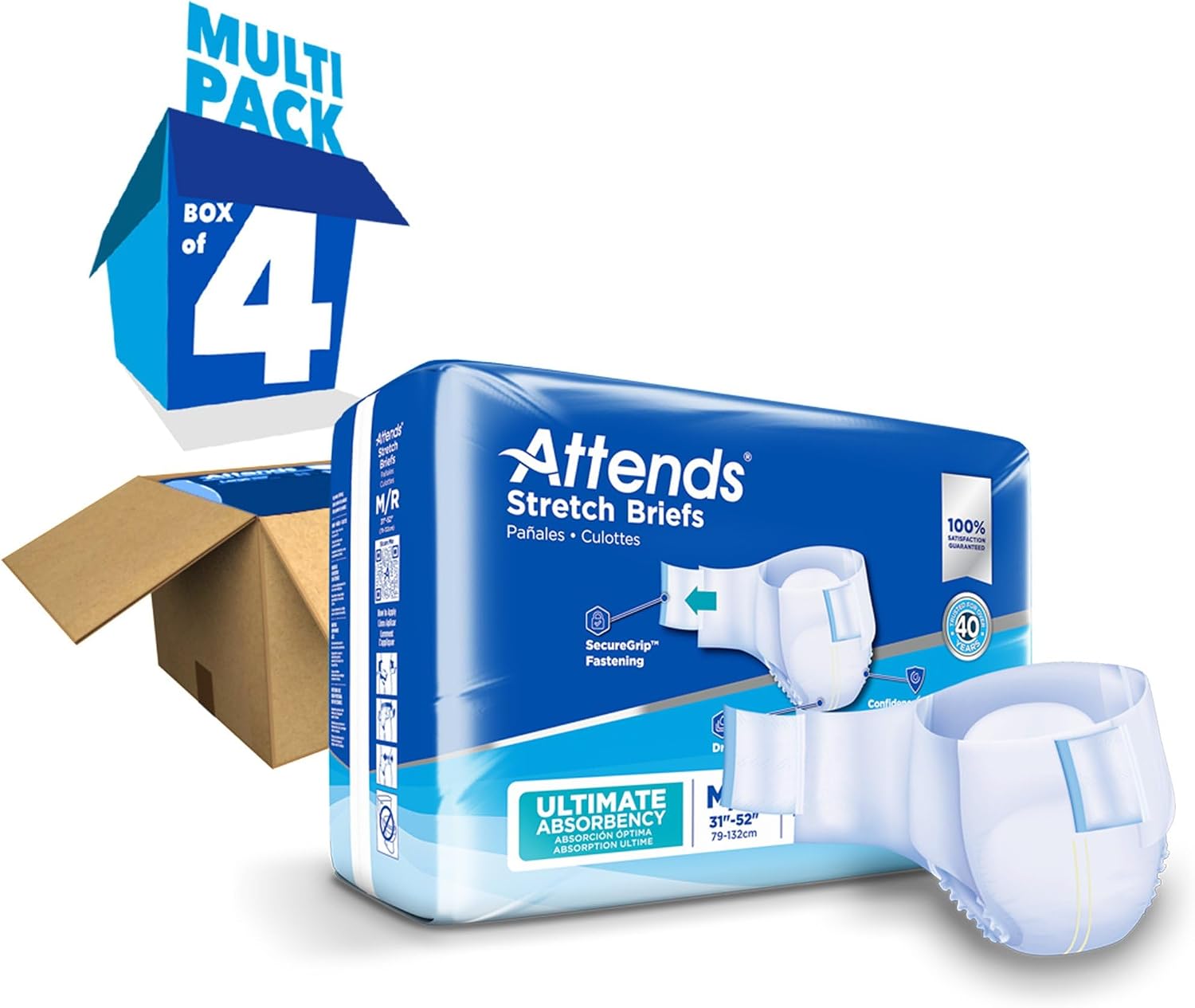 Attends Stretch Adult Incontinence Disposable Briefs, Large/X-Large, 40"-70" Waist with SecureGrip Tab Closure, Ultimate Absorbency with Dry-Lock Containment Core and Breathable Side Panels, 96ct Case