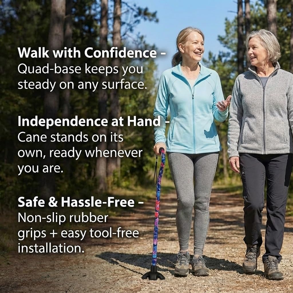 NOVA Stand Alone Quad Cane Tip – Extra-Wide Self-Standing Rubber Base with Non-Slip Grip Traction