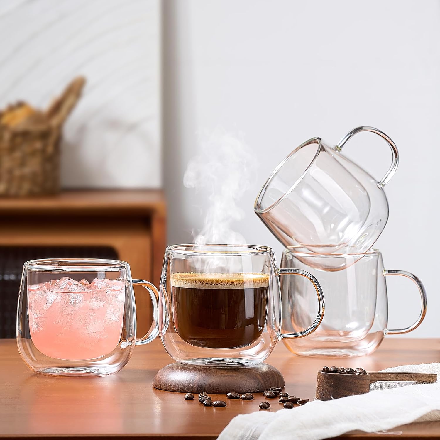 4 Pack Double Walled Glass Coffee Mugs, 16 oz Large Insulated Clear Coffee Cups with Handle, Cappuccino Mug for Espresso, Latte, Americano, Tea Bag