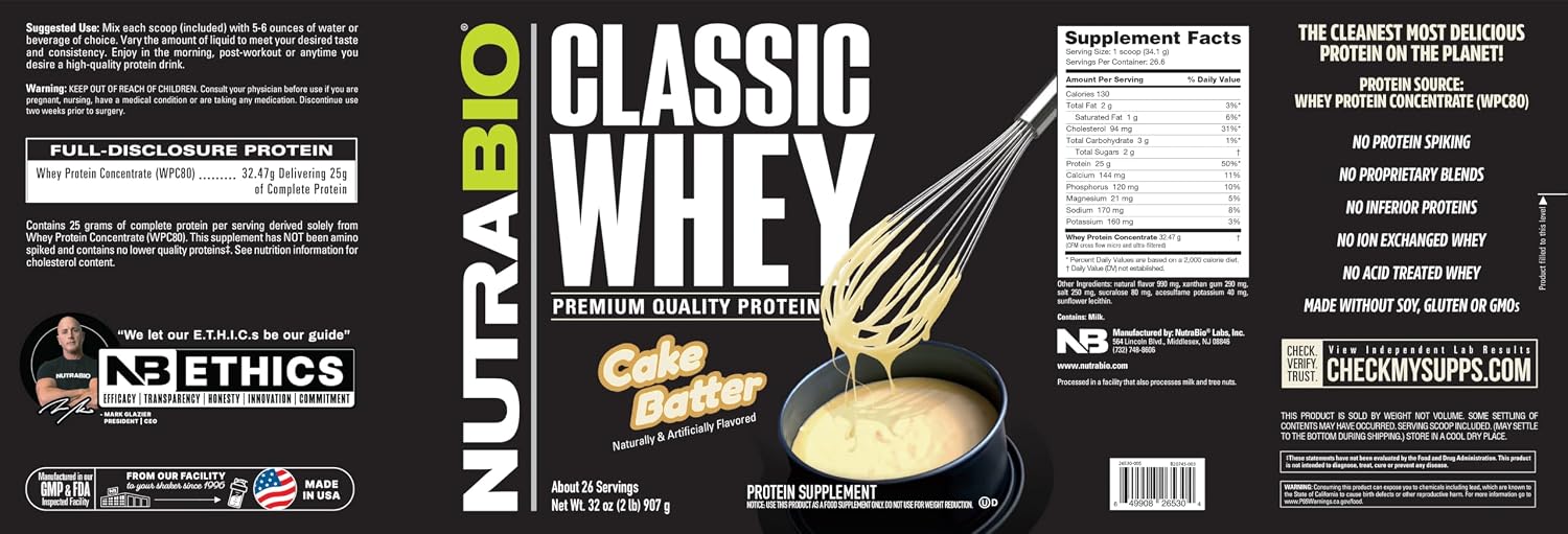 NutraBio Classic Whey Protein Powder- 25G of Protein Per Scoop - No Fillers, Artificial Colors, Preservatives - Chocolate Milkshake, 2 Pounds