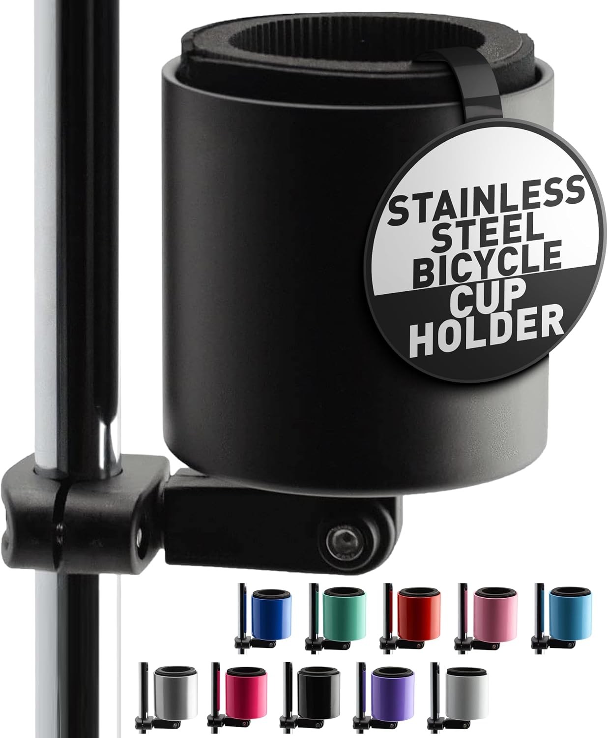 Kroozie Deluxe Bike Bottle Holder – Universal, Stainless Steel Bike Cup Holder for Handlebars – For Vertical or Angled Bars & Drinks up to 48 Oz. – Stroller, Cruiser, & Ebike Accessories
